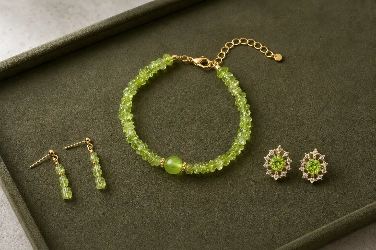 Peridot bracelet and earrings arranged on an olive jewelry tray