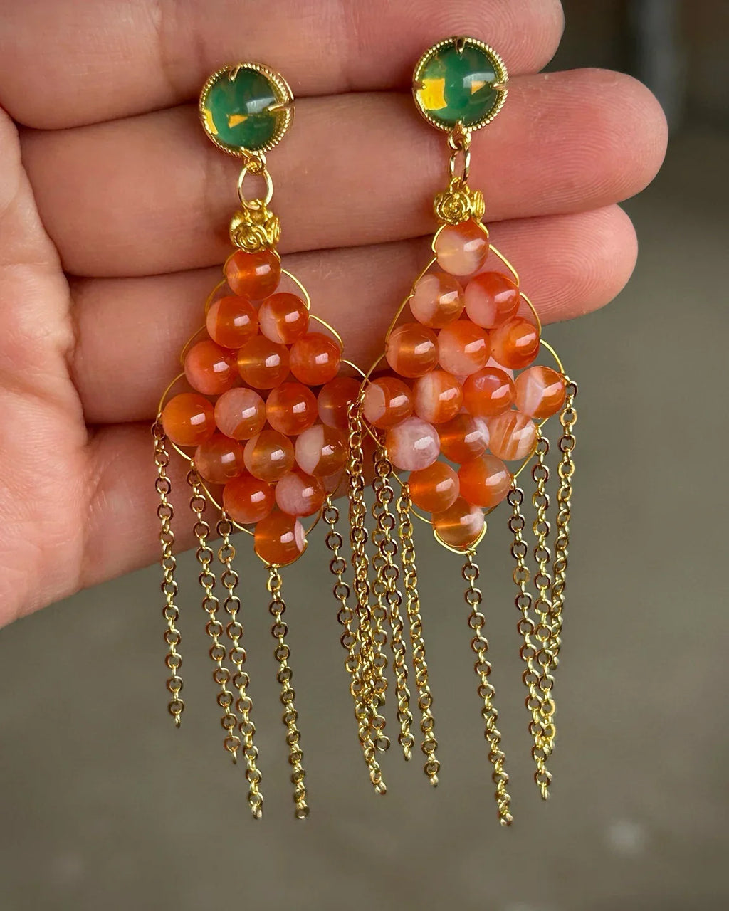 Red Agate Tassel Gold Earrings – Courage & Protection
