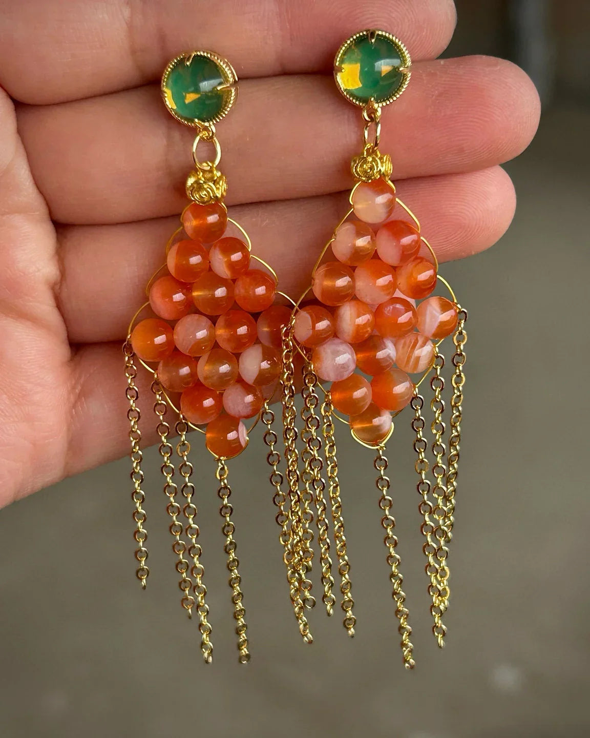 Red Agate Tassel Gold Earrings – Courage & Protection