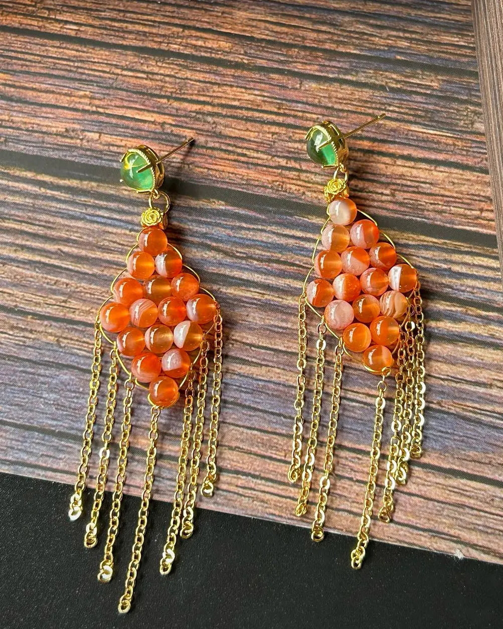 Red Agate Tassel Gold Earrings – Courage & Protection