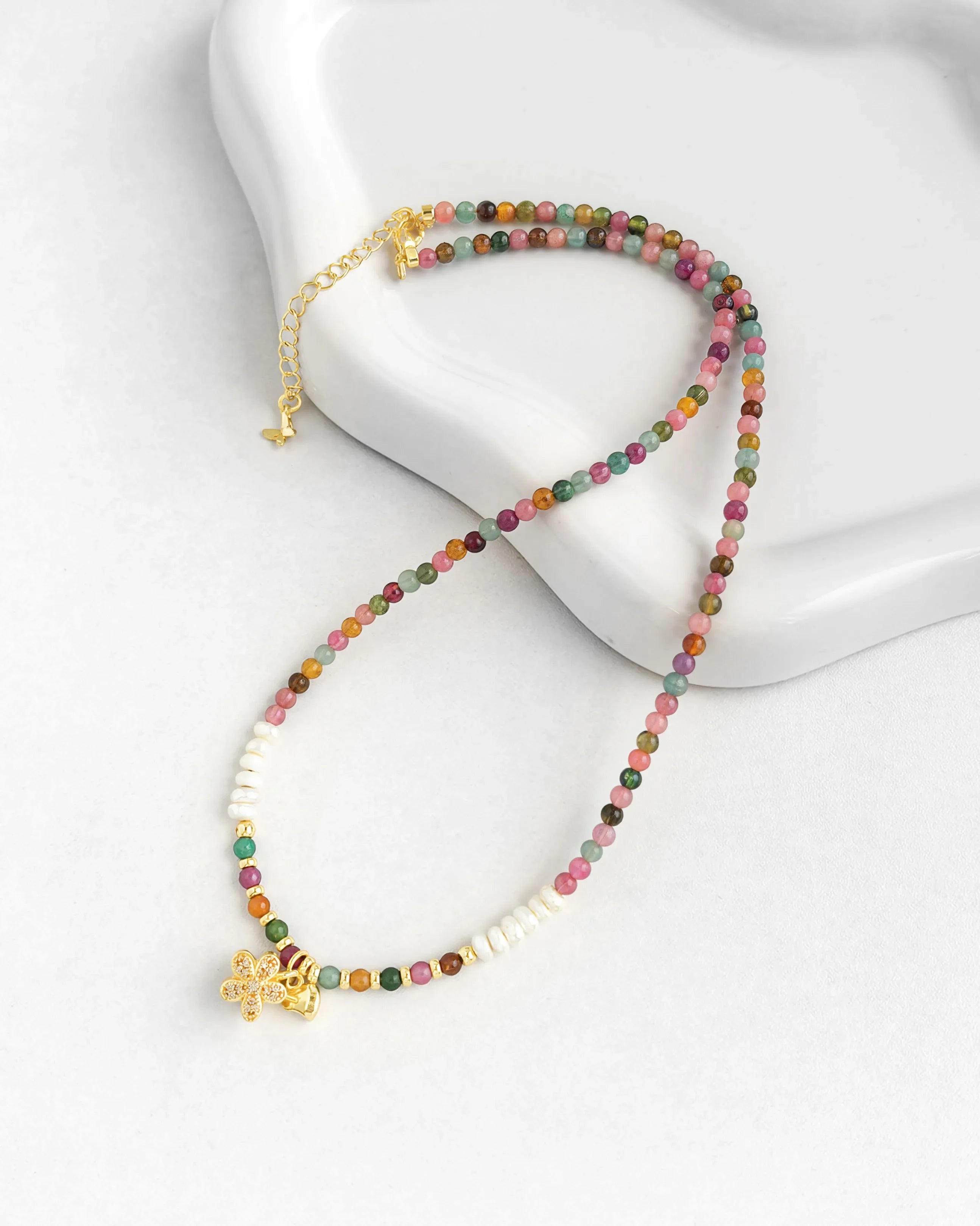 3mm Multicolor Tourmaline Beaded Necklace with Pearl