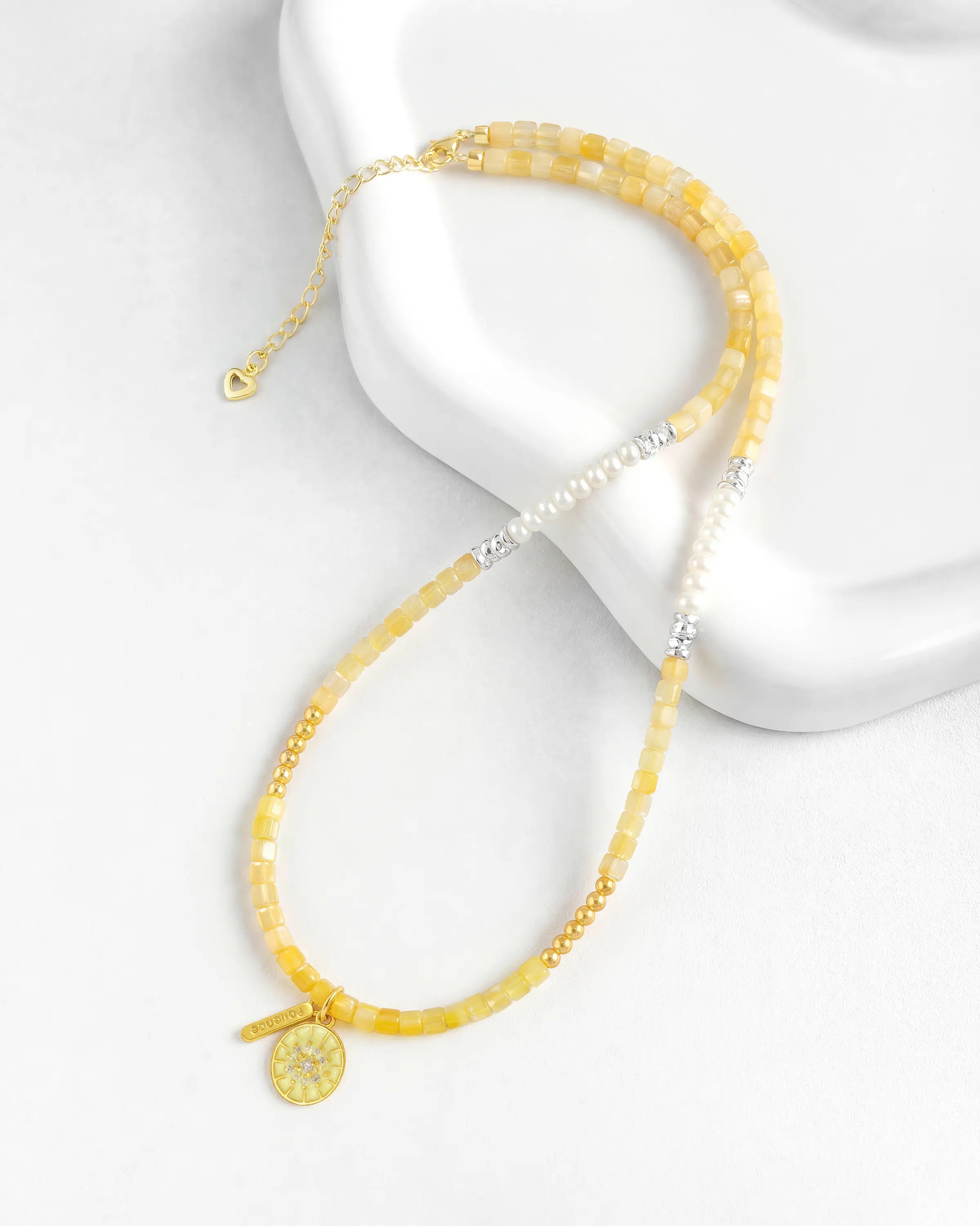 4mm Citrine and Pearl Beaded Necklace with Kiwi Pendant