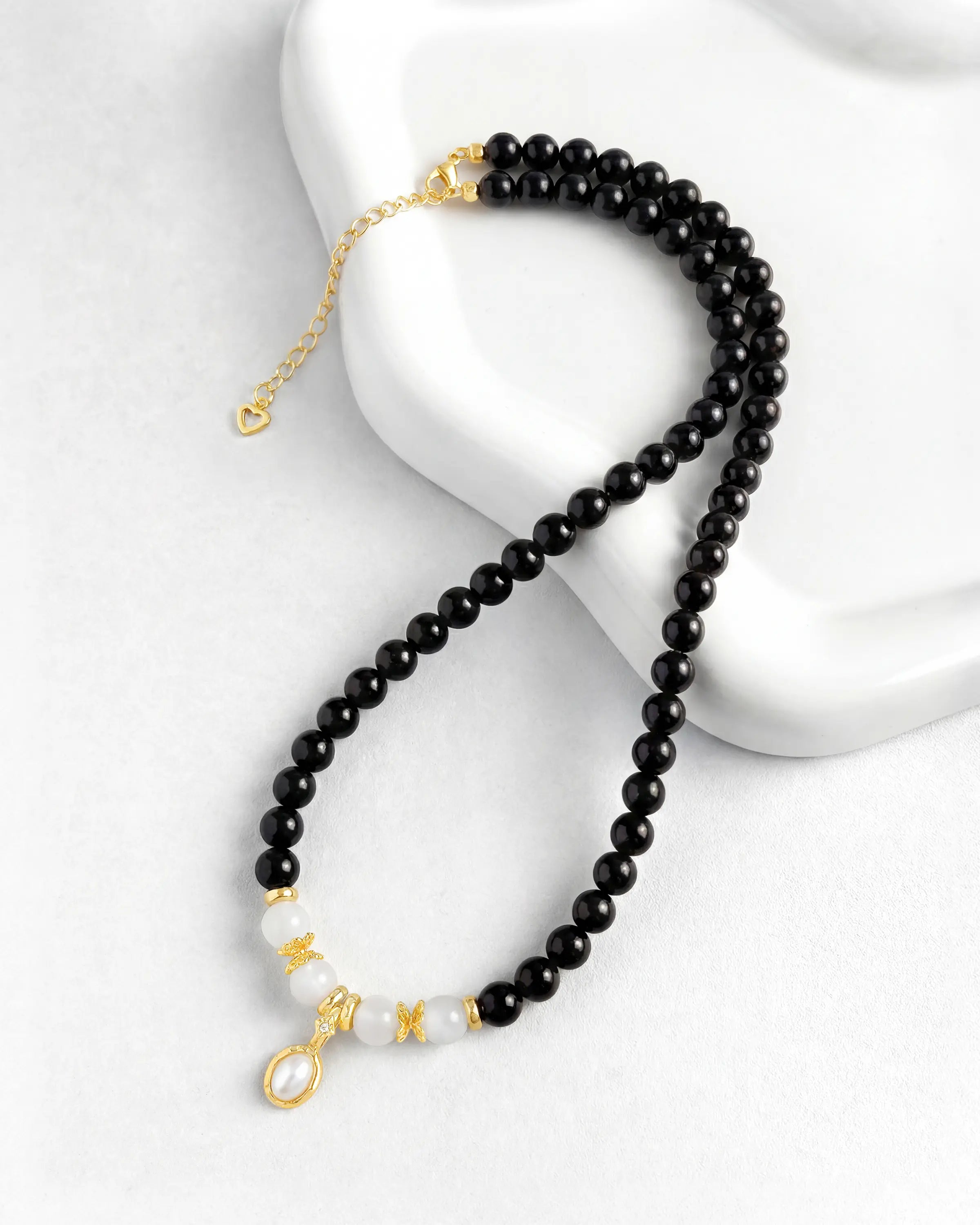 6mm Black Onyx Beaded Necklace with Moonstone