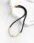 4mm Black Tourmaline Beaded Necklace with Pearl and Clover