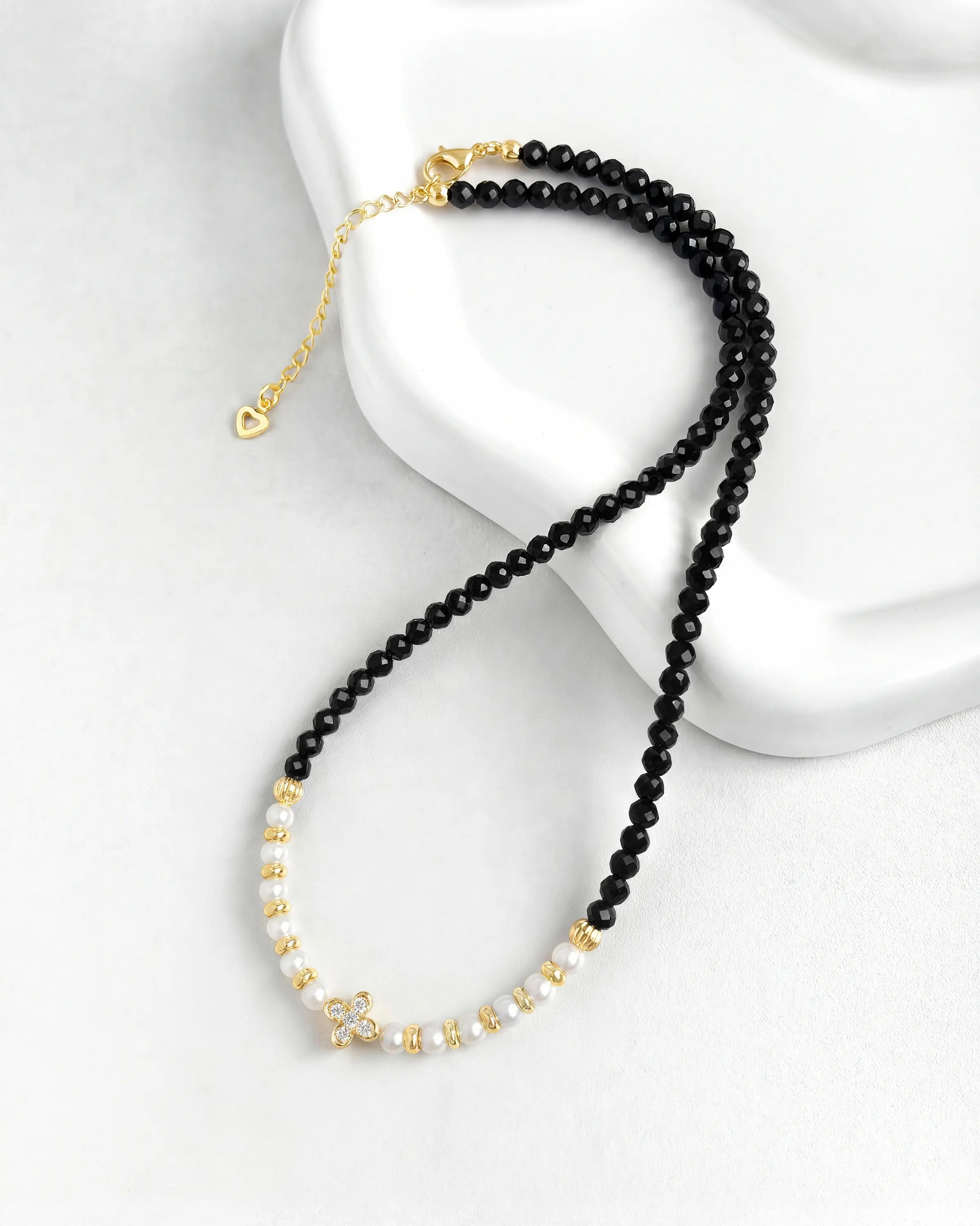4mm Black Tourmaline Beaded Necklace with Pearl and Clover