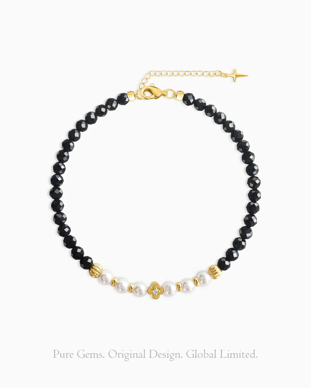 Black Tourmaline Gold Plated beaded Bracelet with Peal Accent