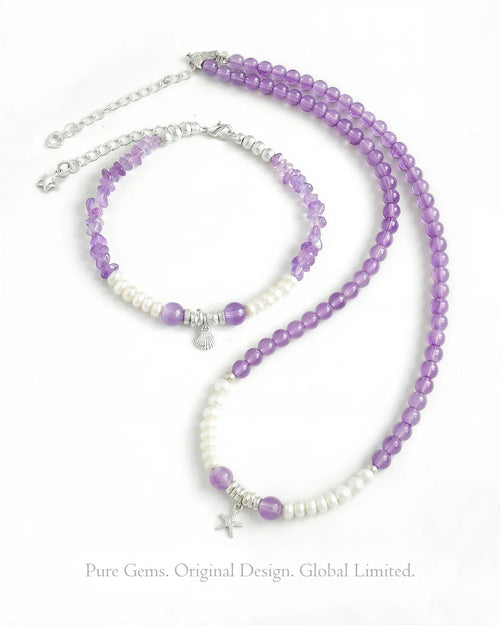 Amethyst and Pearl Necklace and Bracelet Set