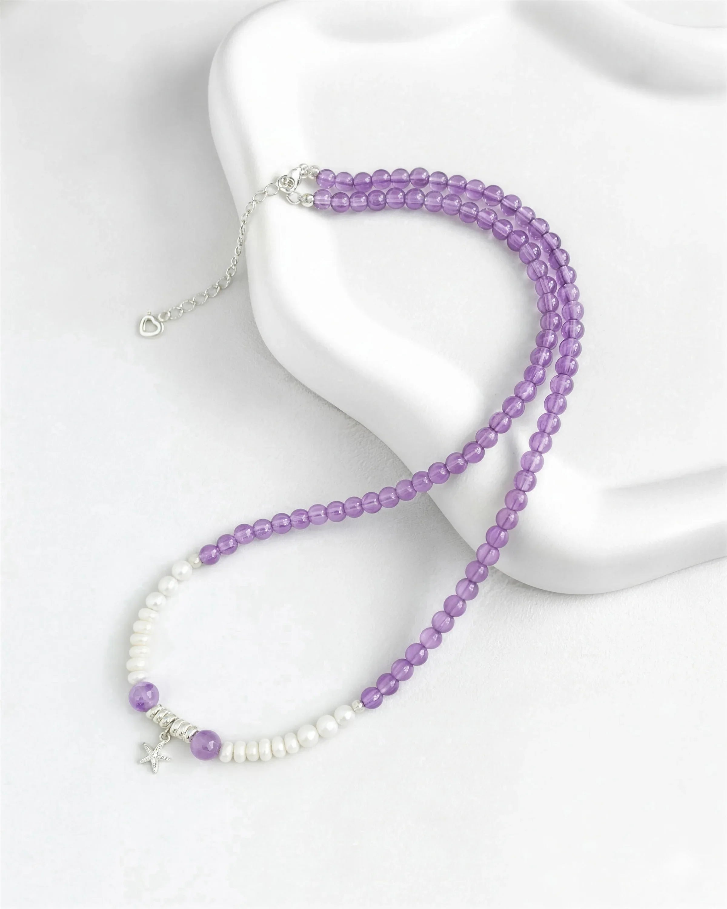 4mm Amethyst and Pearl Beaded Necklace with Starfish Pendant
