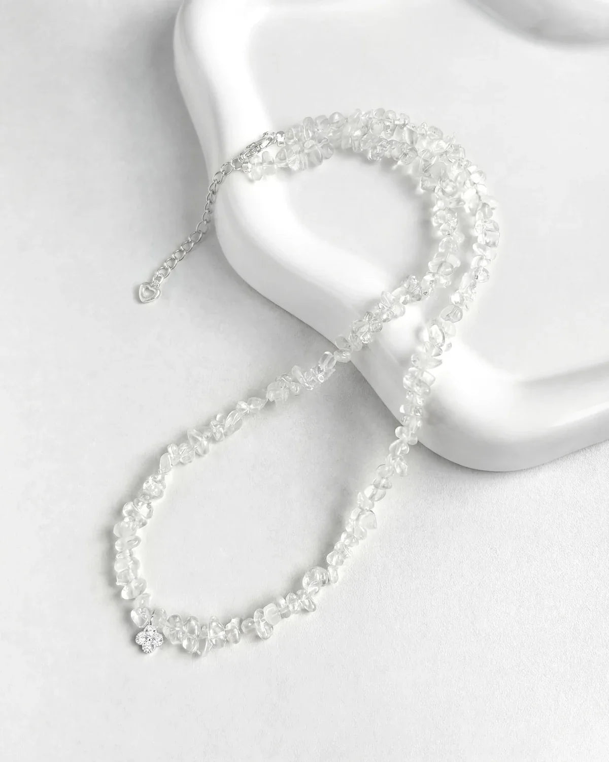 Clear Quartz Chip Beaded Necklace with Clover Pendant