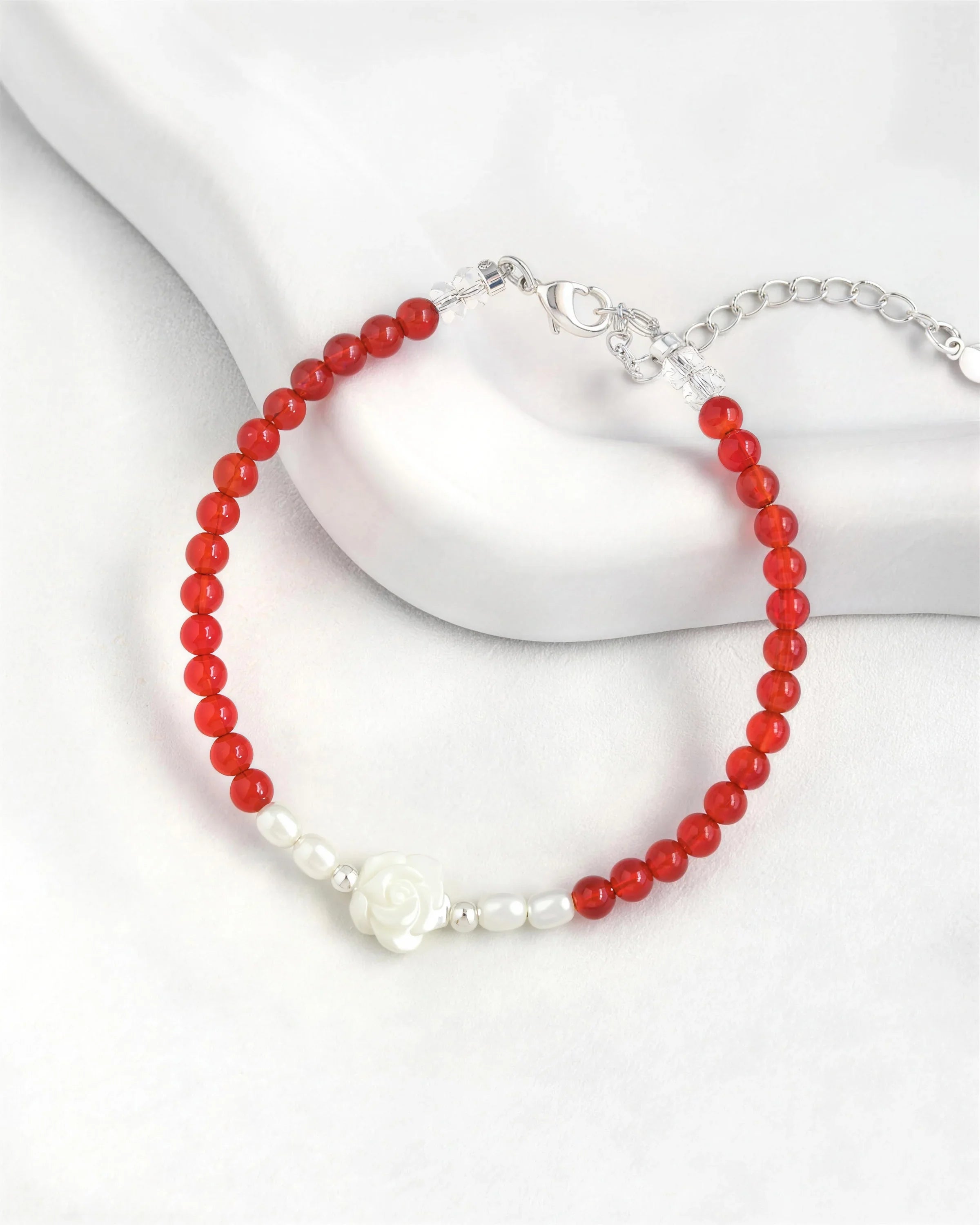 Red Agate Rose Silver Bracelet – Vitality & Purity