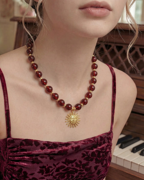 10mm Garnet Beaded Necklace with Sun Pendant