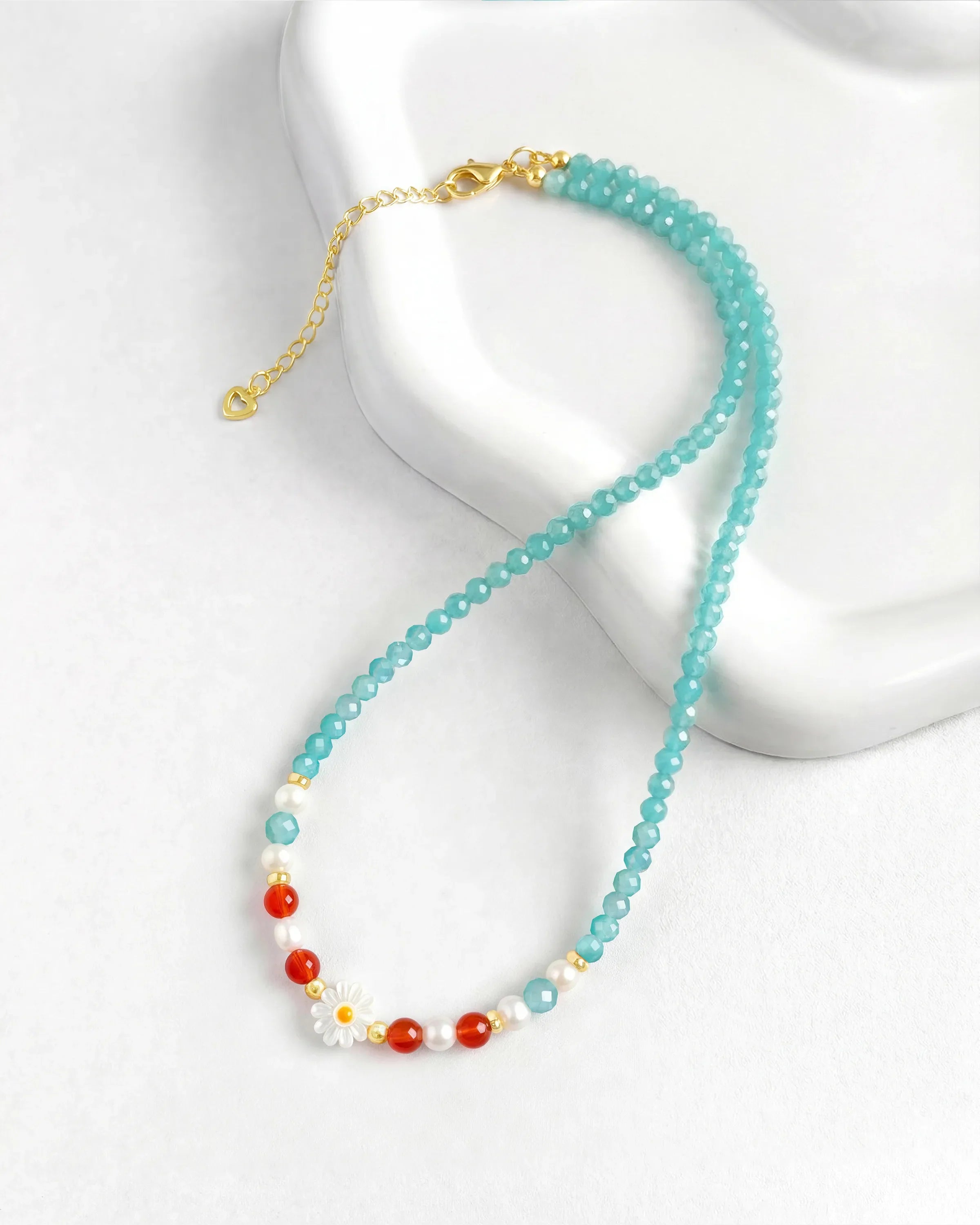 Amazonite red agate Daisy Gold Necklace