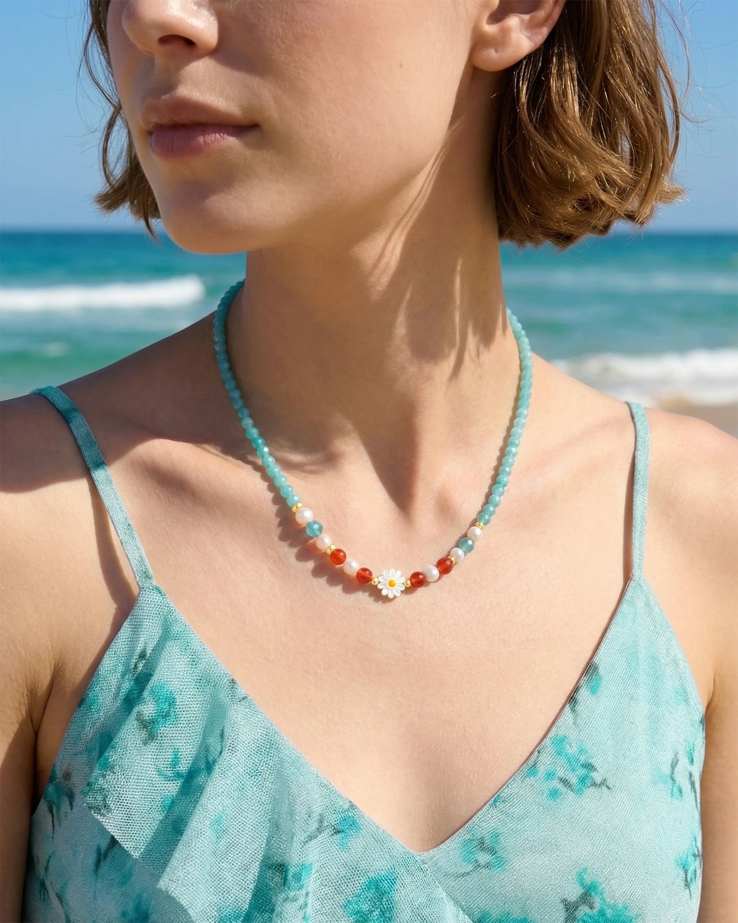 Model wearing Amazonite Red Agate Gold Daisy Necklace