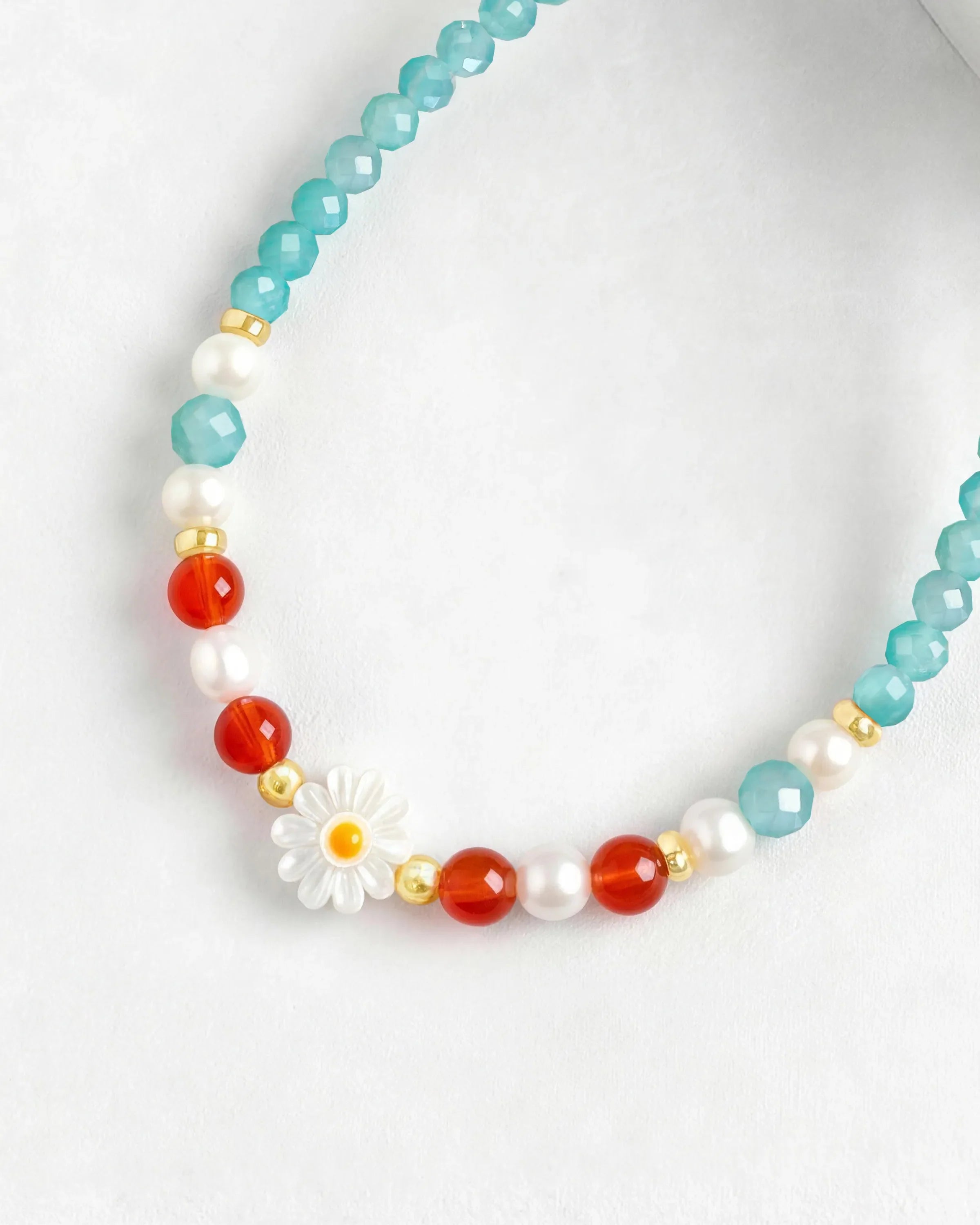 Amazonite Red Agate bead detail of Gold Daisy Necklace