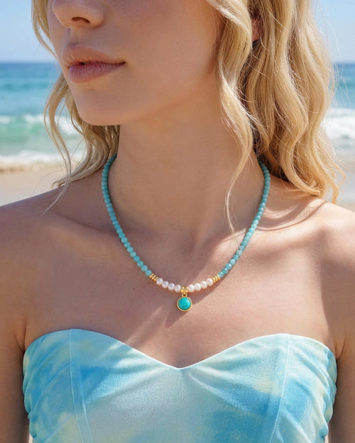 Model wearing Amazonite Turquoise Pearl Gold Beaded Necklace