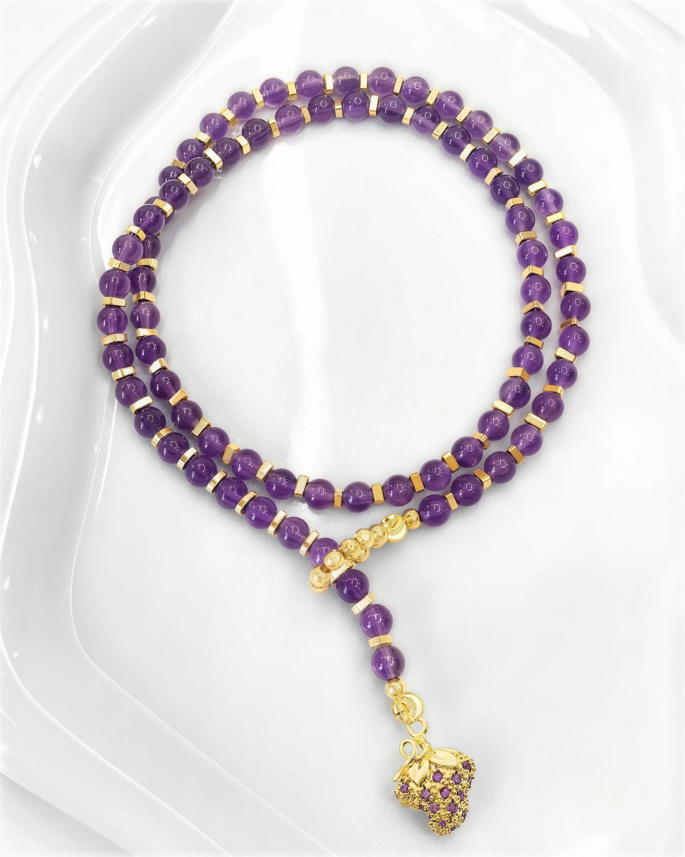 4mm Amethyst Beaded Necklace with Grape Pendant