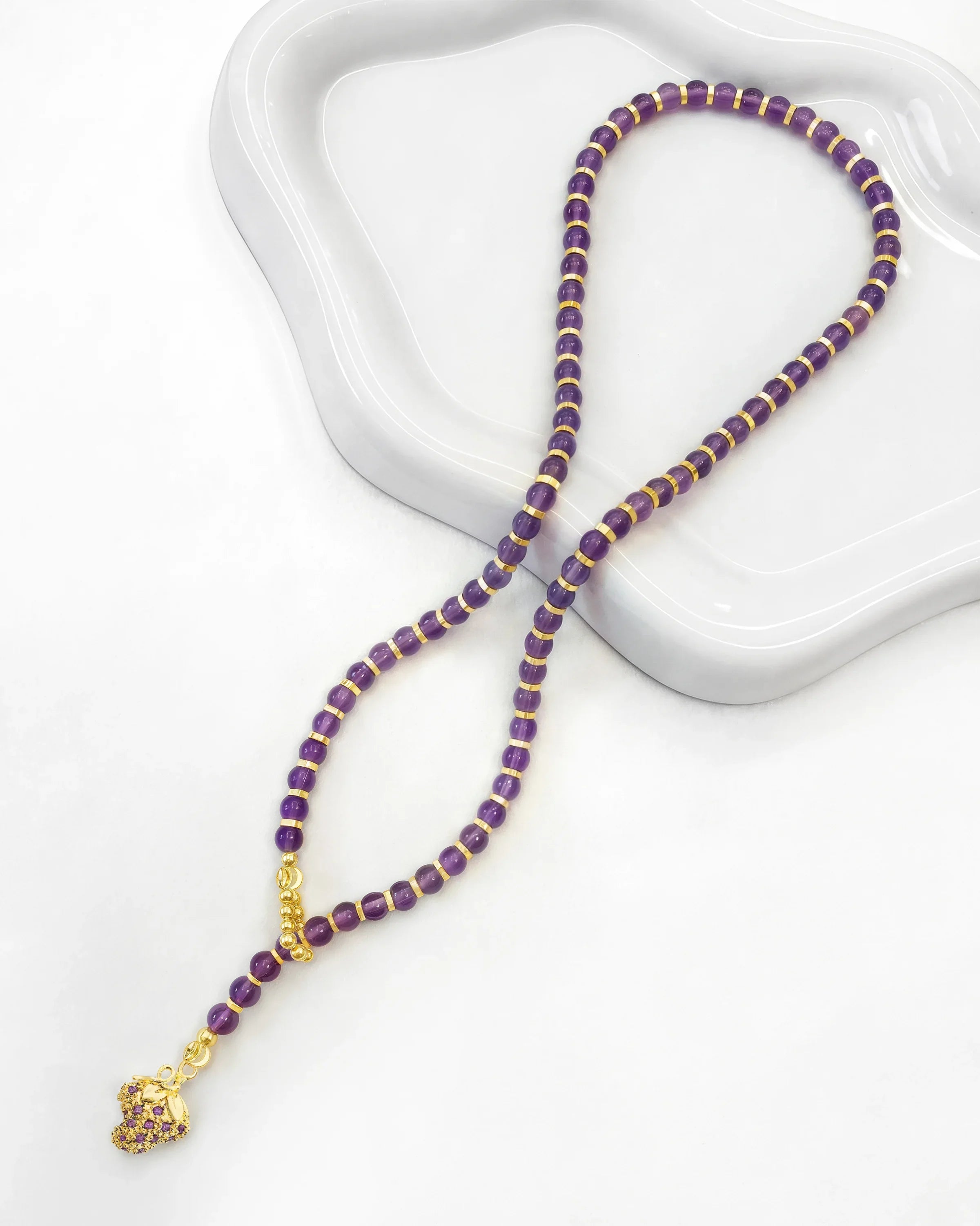 4mm Amethyst Beaded Necklace with Grape Pendant