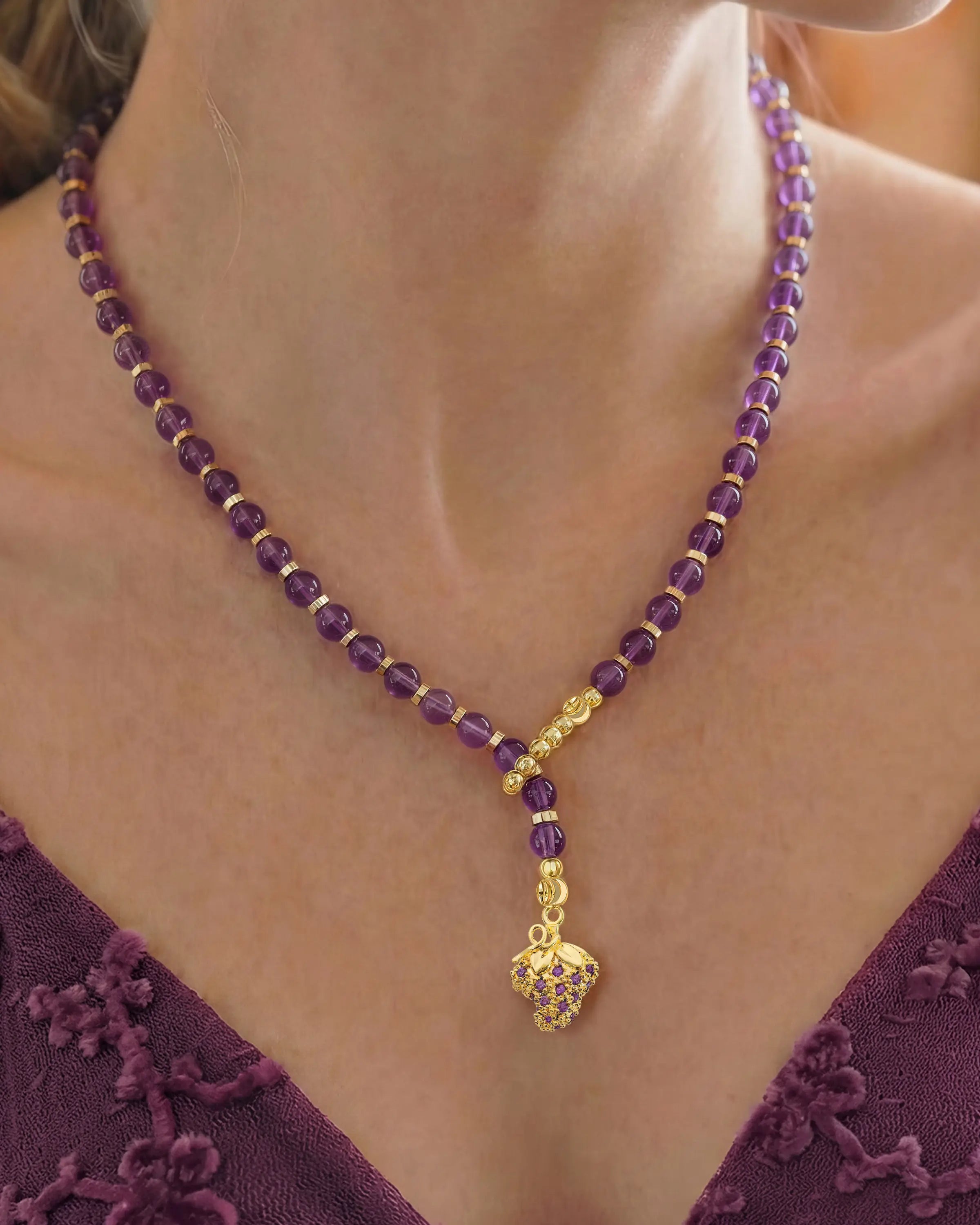 4mm Amethyst Beaded Necklace with Grape Pendant