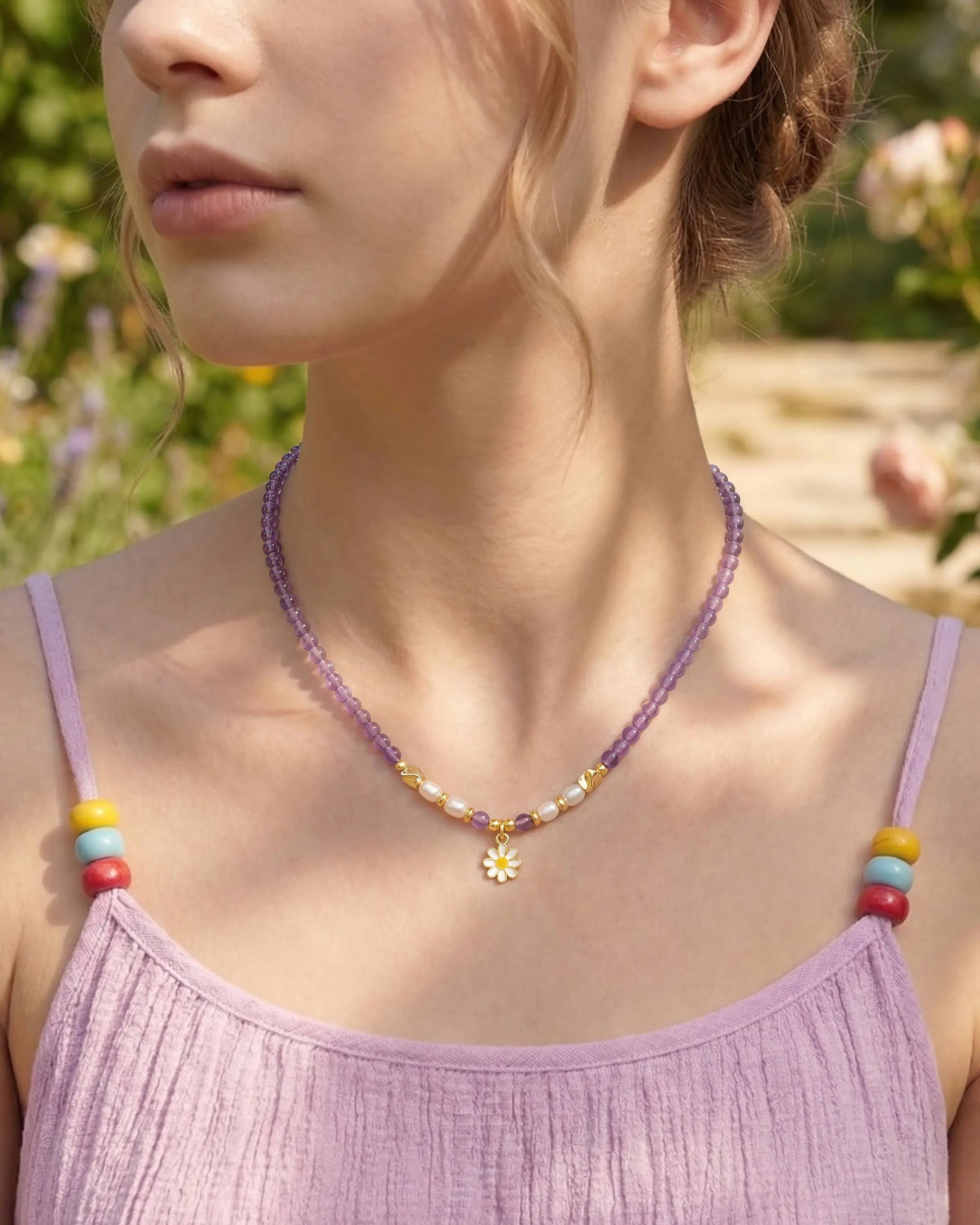 Model wearing Amethyst Red Agate Gold Daisy Necklace