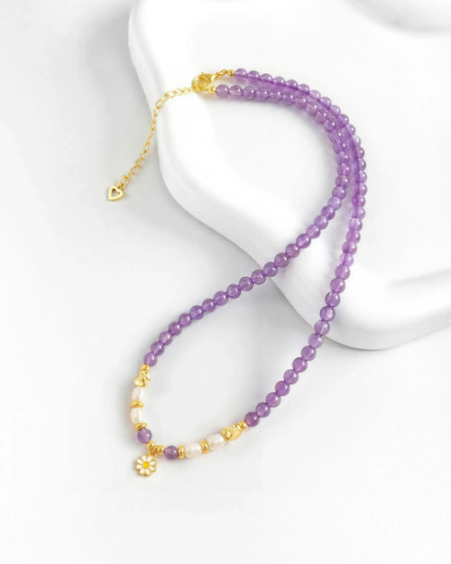 4mm Amethyst Beaded Necklace with Daisy Pendant
