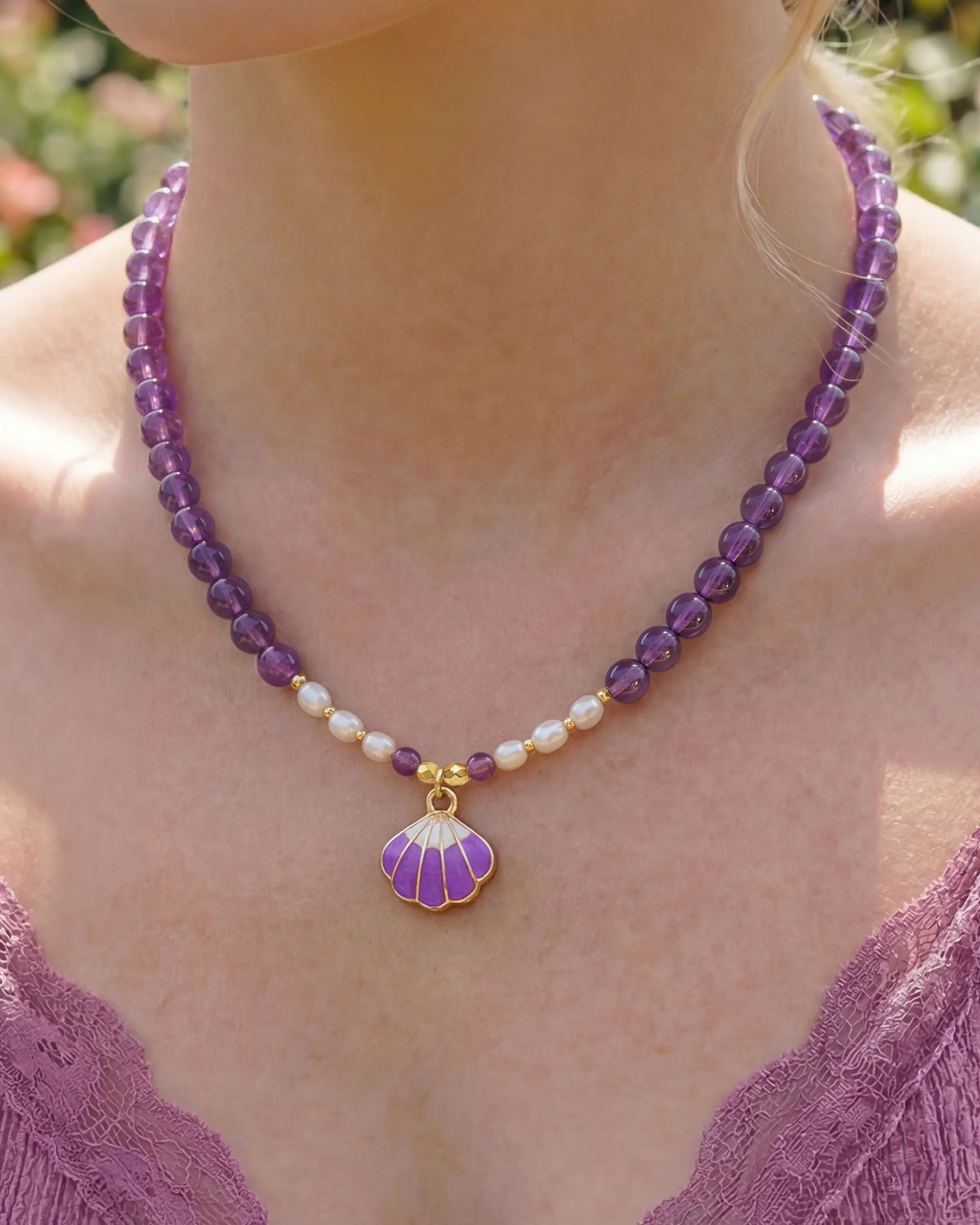 6mm Amethyst Beaded Necklace with Shell Pendant