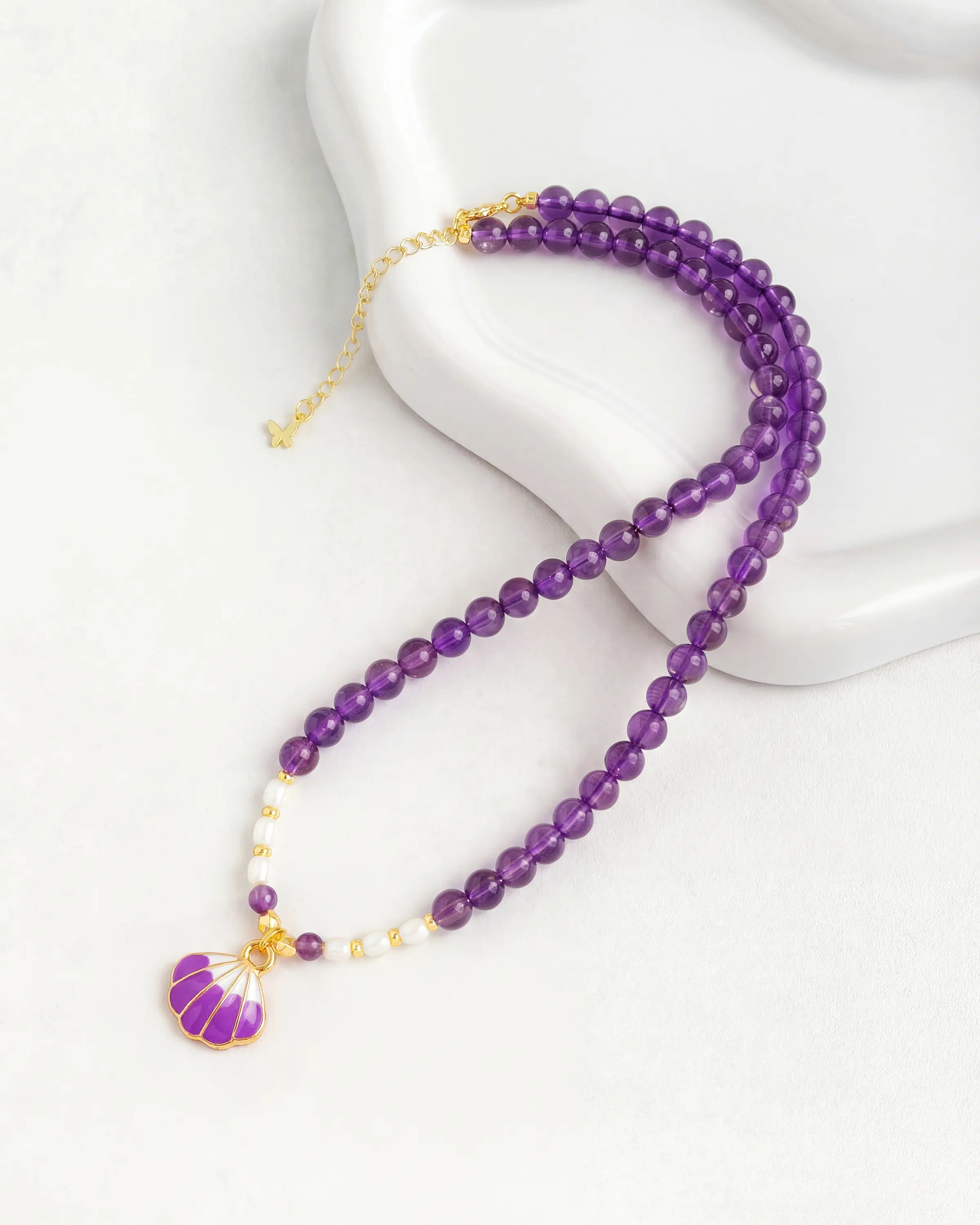 6mm Amethyst Beaded Necklace with Shell Pendant