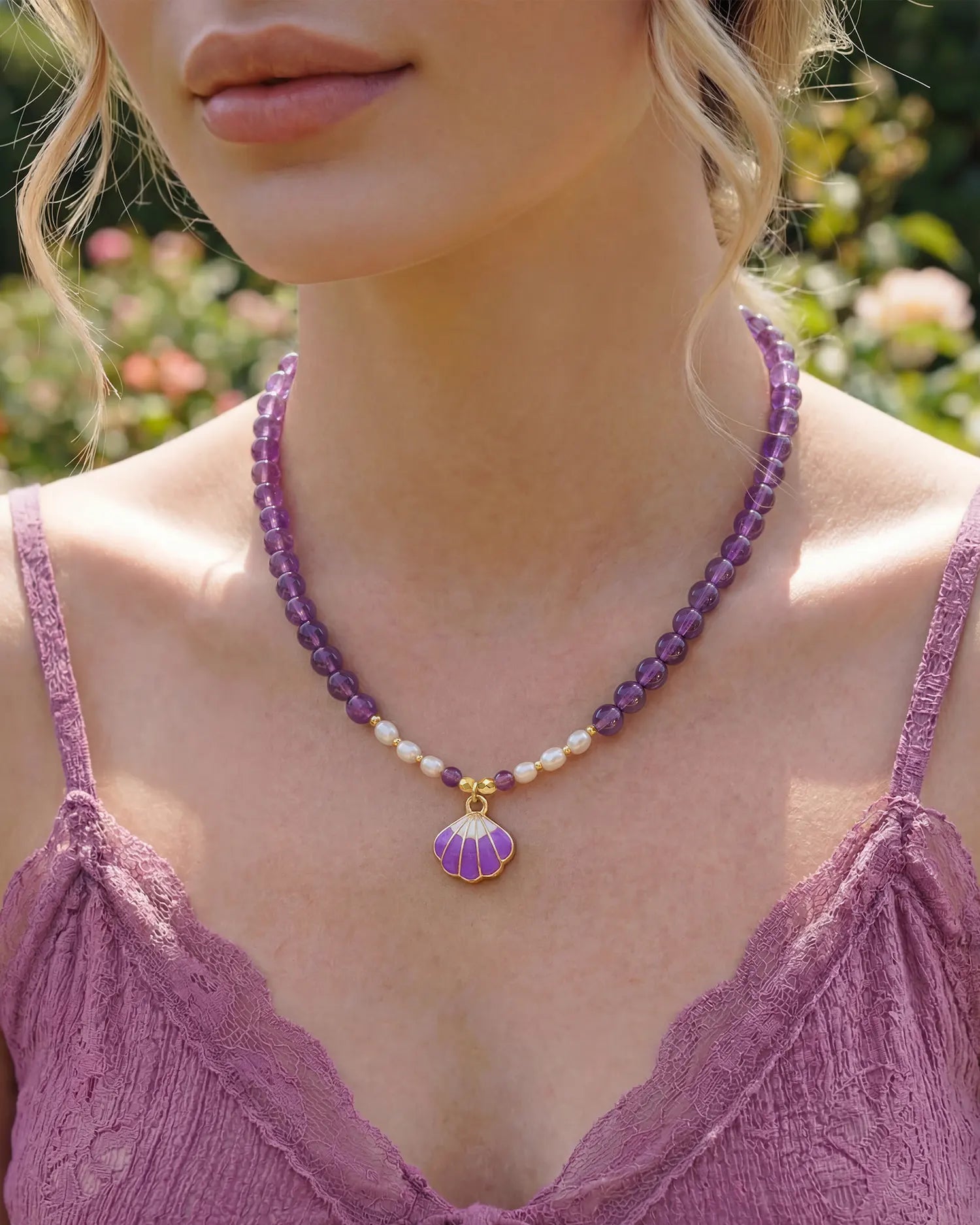 6mm Amethyst Beaded Necklace with Shell Pendant