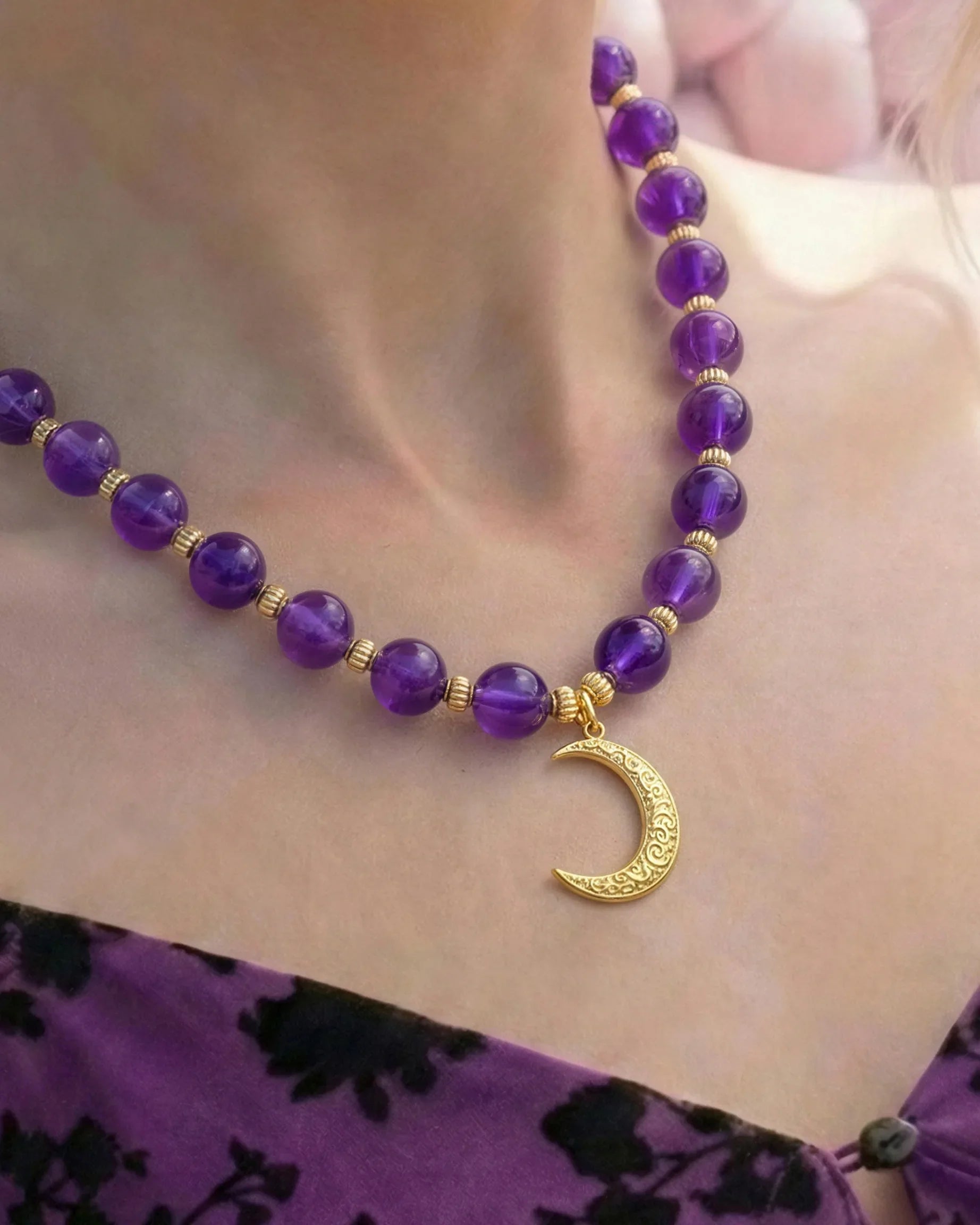 Amethyst Crescent Moon Gold Necklace & Bracelet Set – Intuition & Dreams