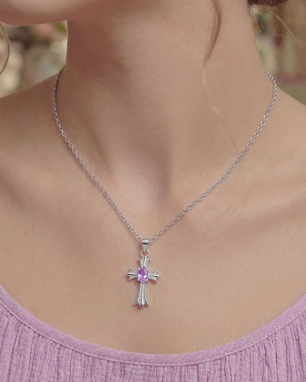 Amethyst Cross Silver Necklace – Intuition & Mystery