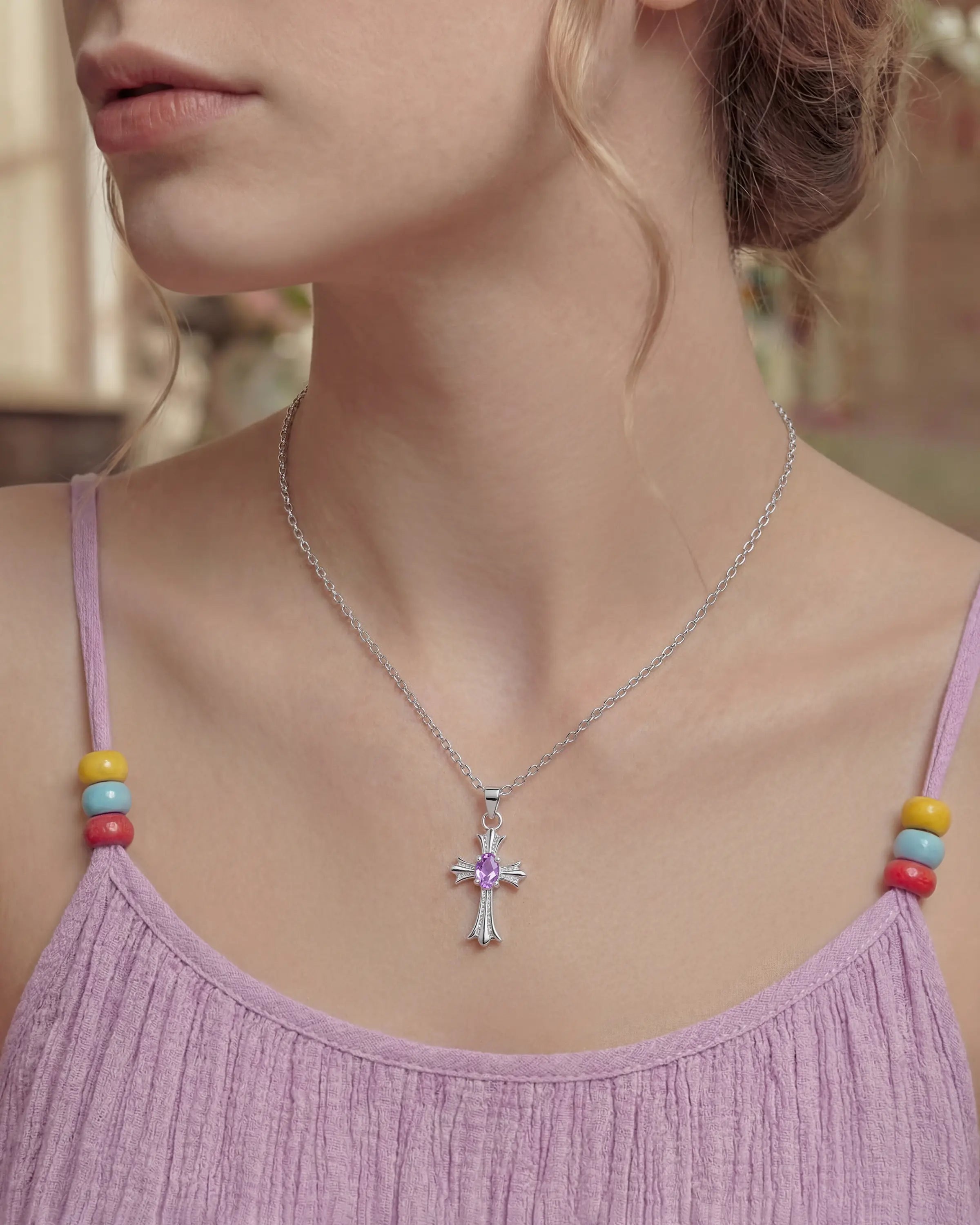 Amethyst Cross Silver Necklace – Intuition & Mystery
