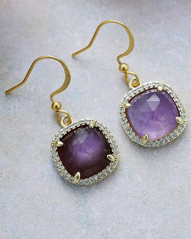 Amethyst Gemstone Gold Square Earrings