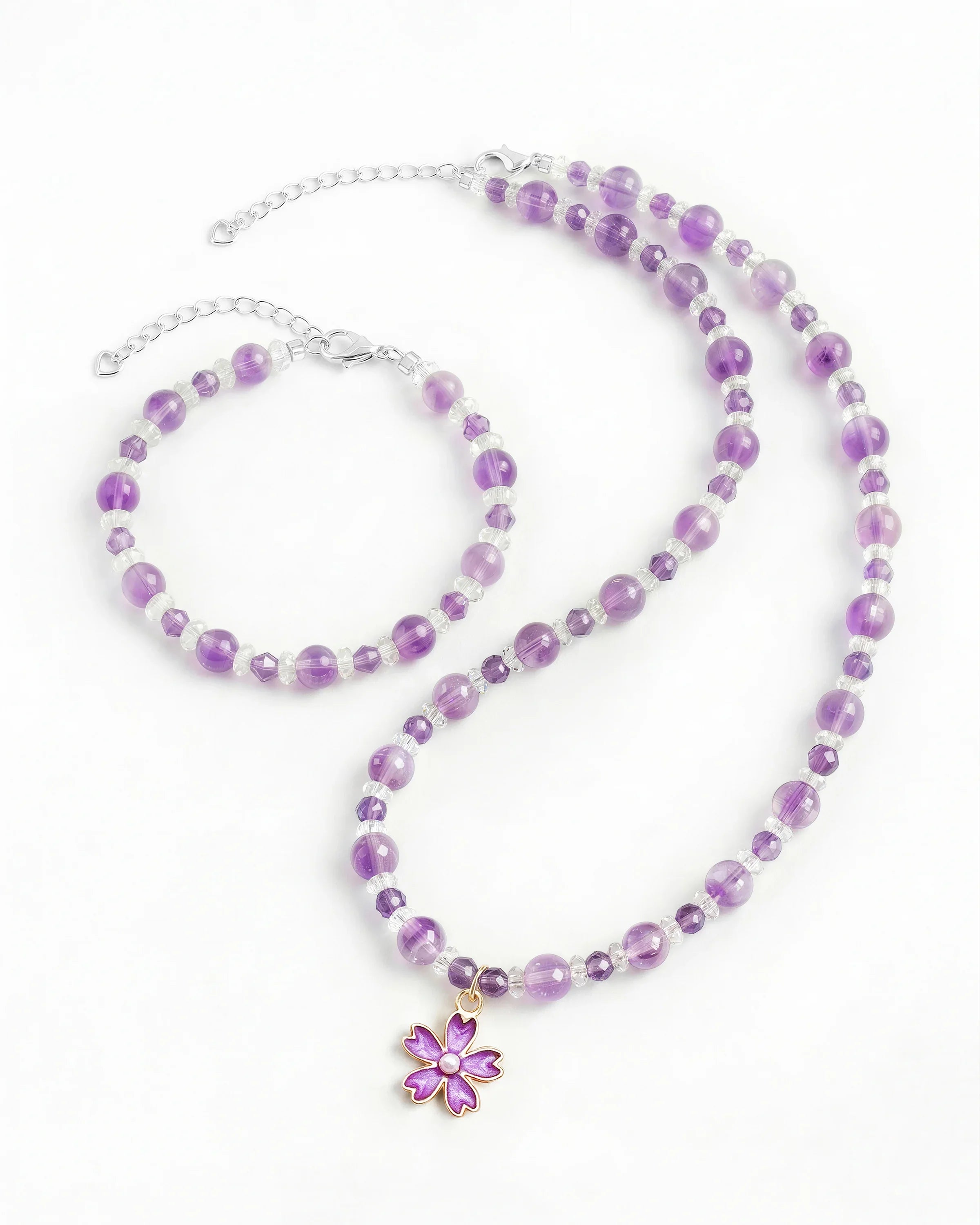 Amethyst Sakura Silver Necklace and Bracelet Set