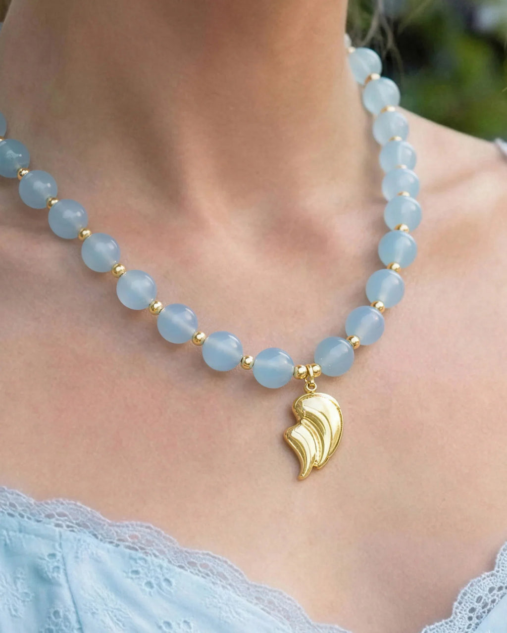 Blue Chalcedony Teardrop Gold Necklace & Bracelet Set – Calm & Serenity