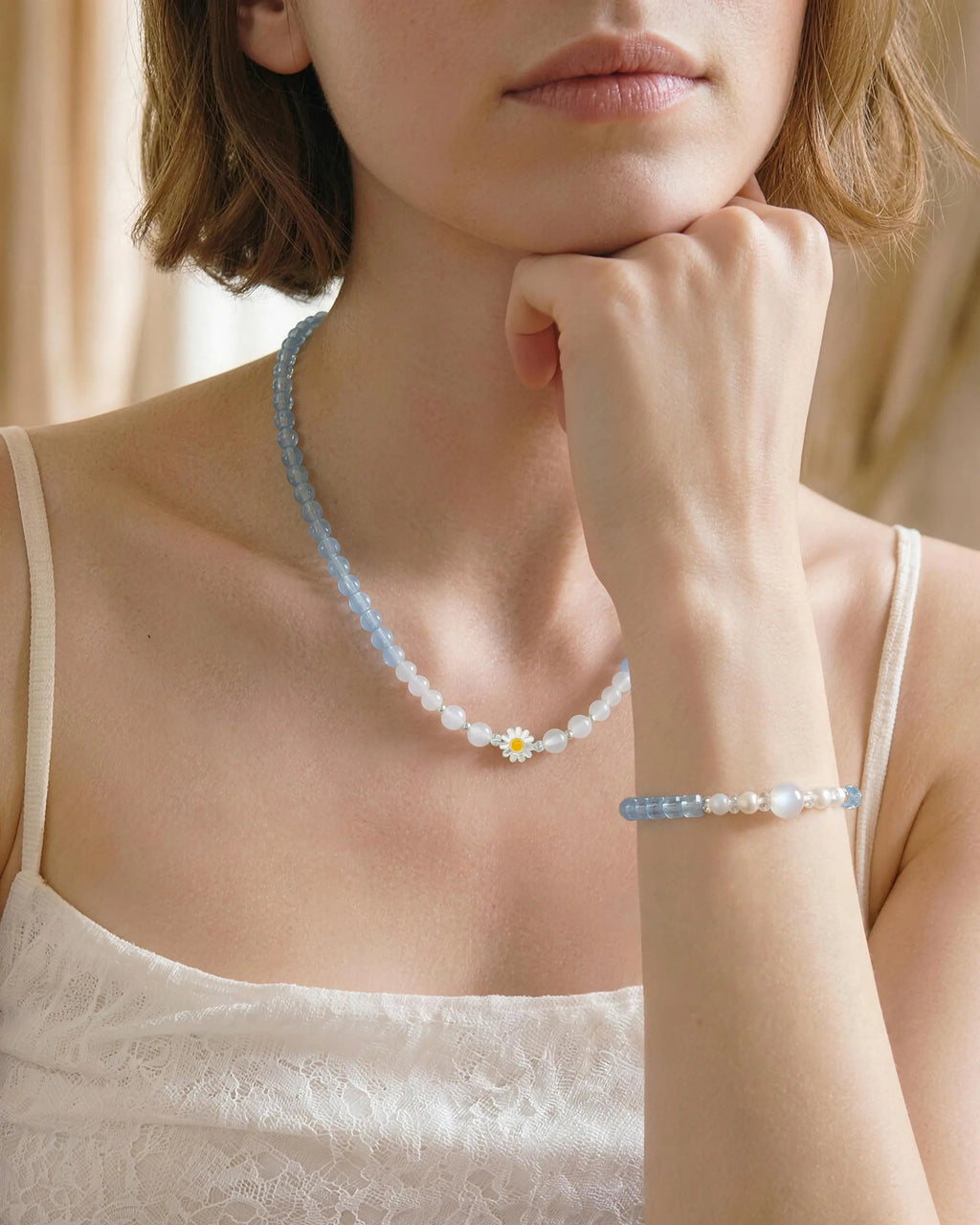 Model wearing Aquamarine_Clear Quartz Moonstone Sterling Silver Necklace Bracelet Set