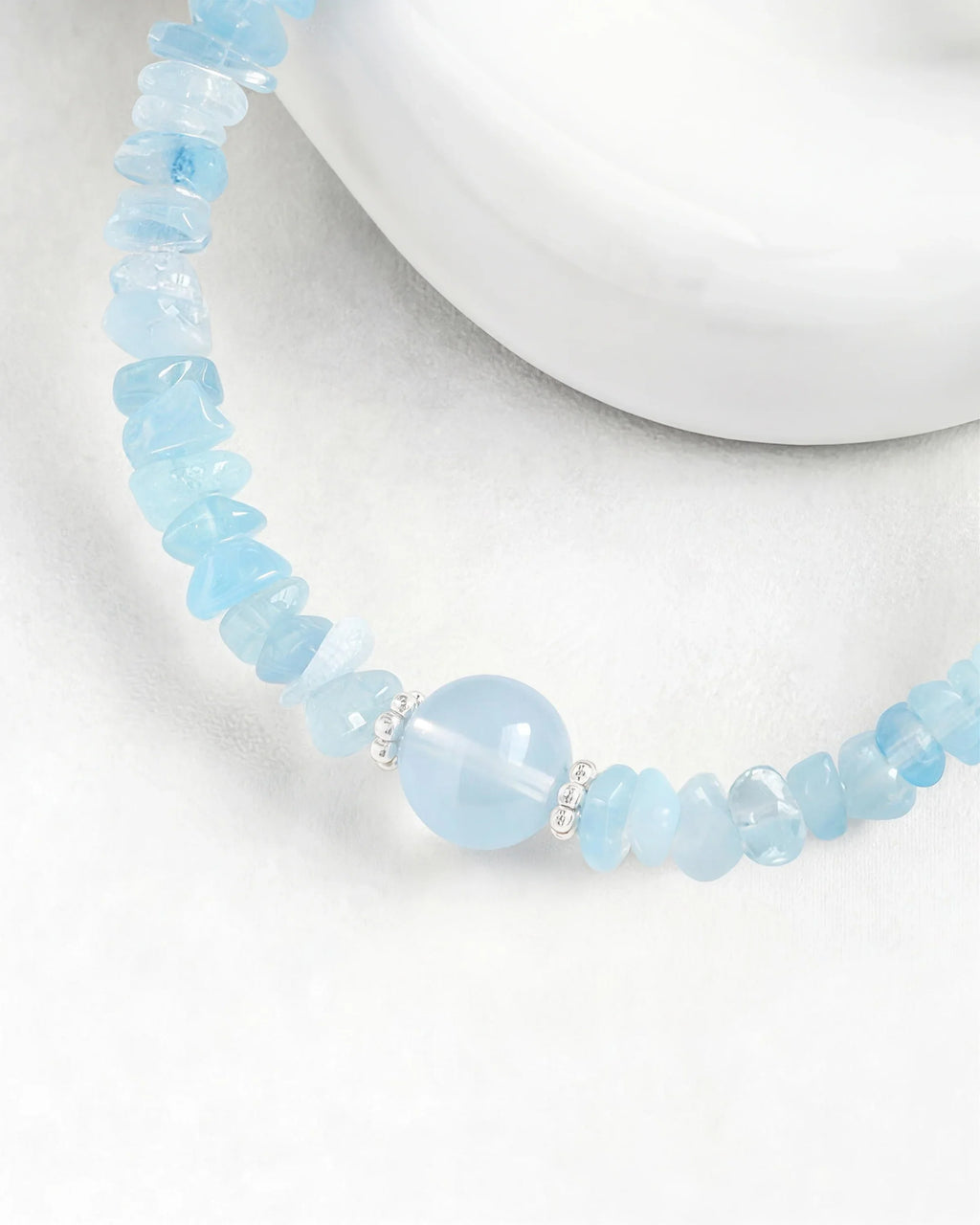 Aquamarine bead detail of Silver Freeform Chips Focal Bracelet
