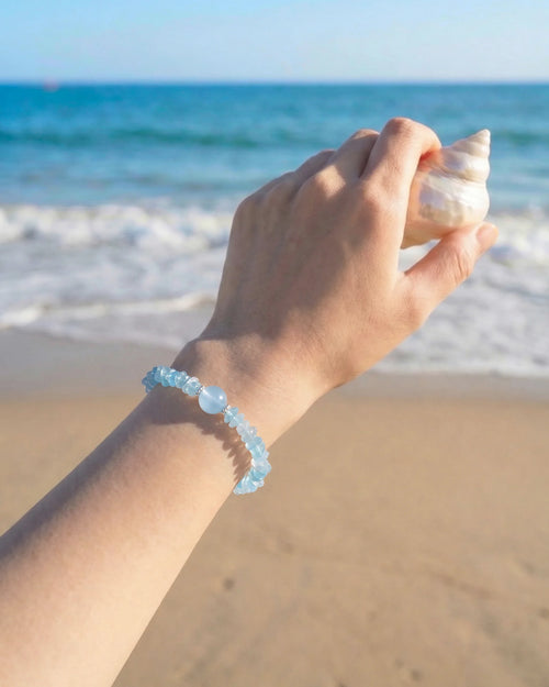 Aquamarine Freeform Chip Beaded Bracelet styled on model