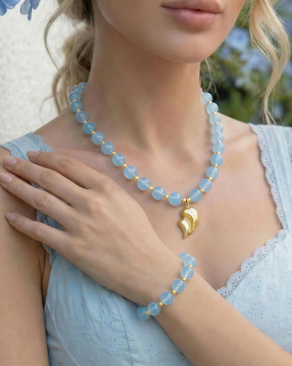 Blue Chalcedony Teardrop Gold Necklace & Bracelet Set – Calm & Serenity