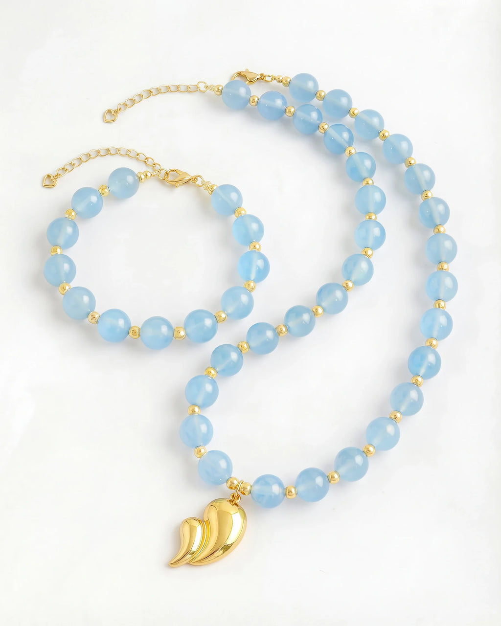Blue Chalcedony Teardrop Gold Necklace & Bracelet Set – Calm & Serenity