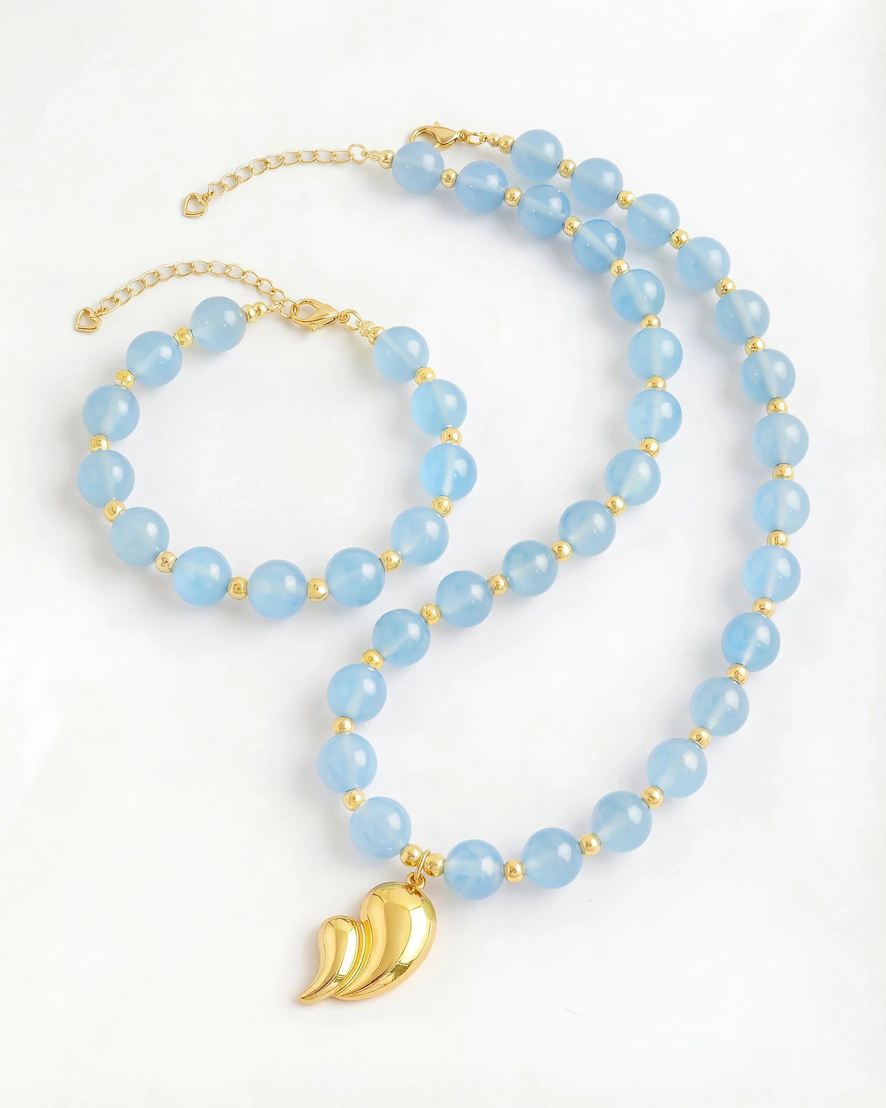 Blue Chalcedony Teardrop Gold Necklace & Bracelet Set – Calm & Serenity