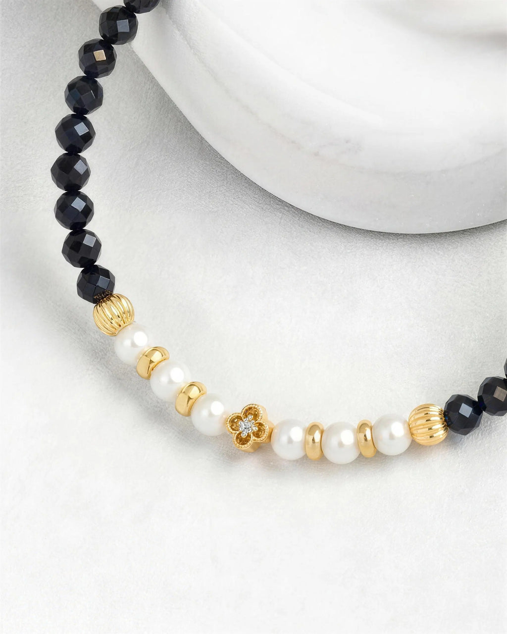 Black Tourmaline Gold Plated beaded Bracelet with Peal Accent
