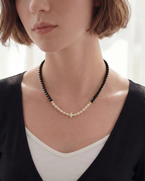 Black Tourmaline Pearl 14K Gold Plated Necklace on the Model