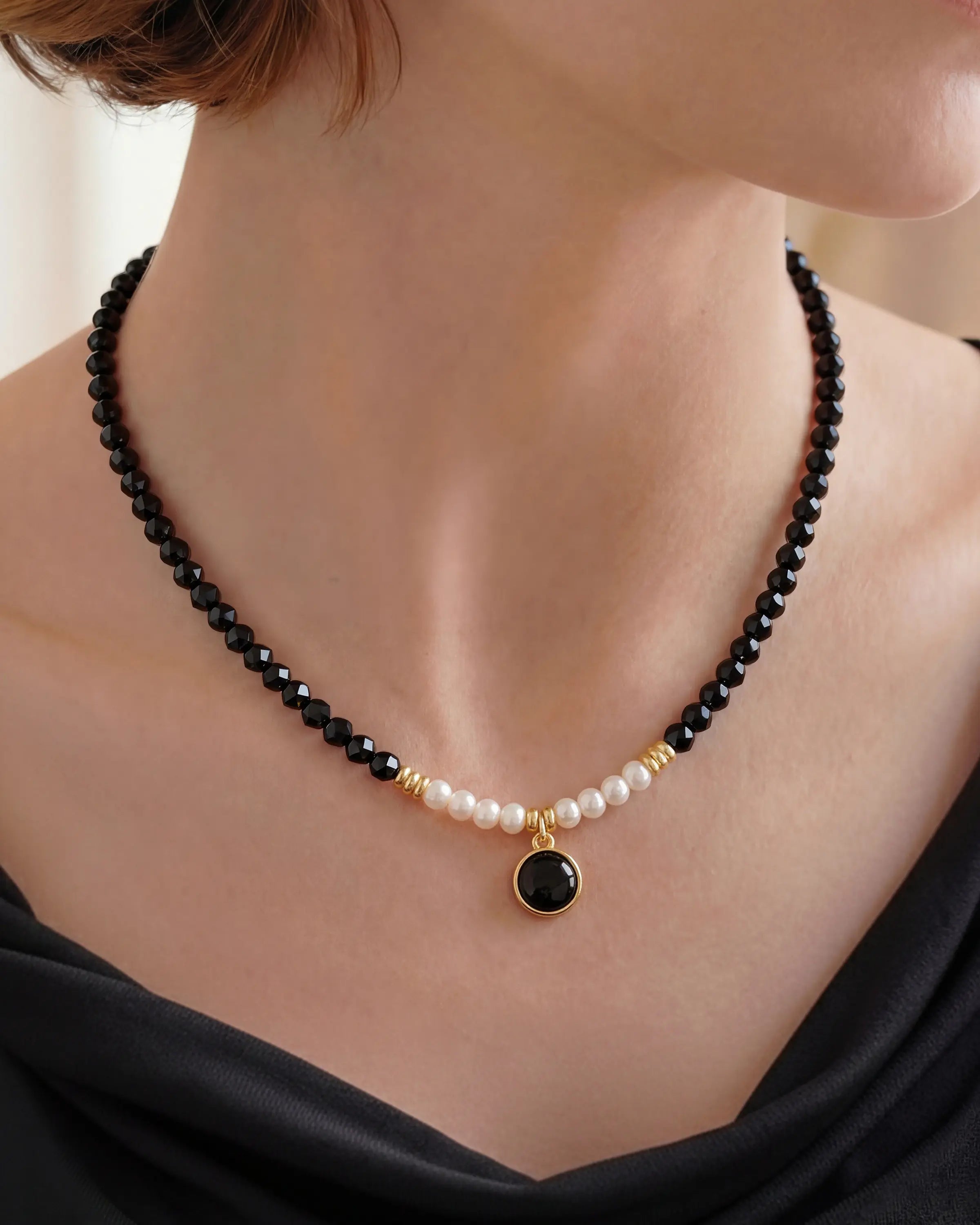 4mm Black Tourmaline Beaded Necklace with Black Onyx Pendant