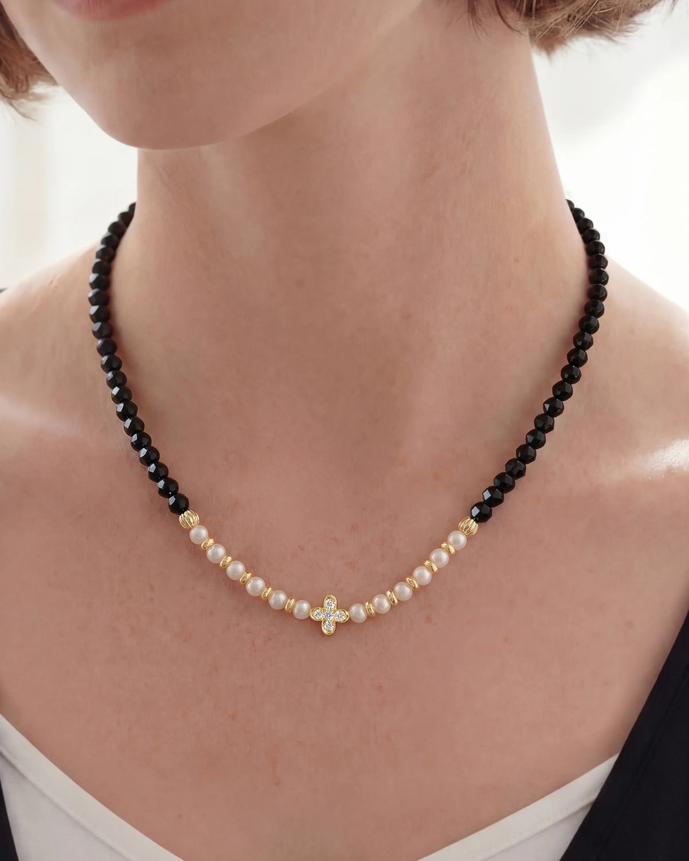 4mm Black Tourmaline Beaded Necklace with Pearl and Clover