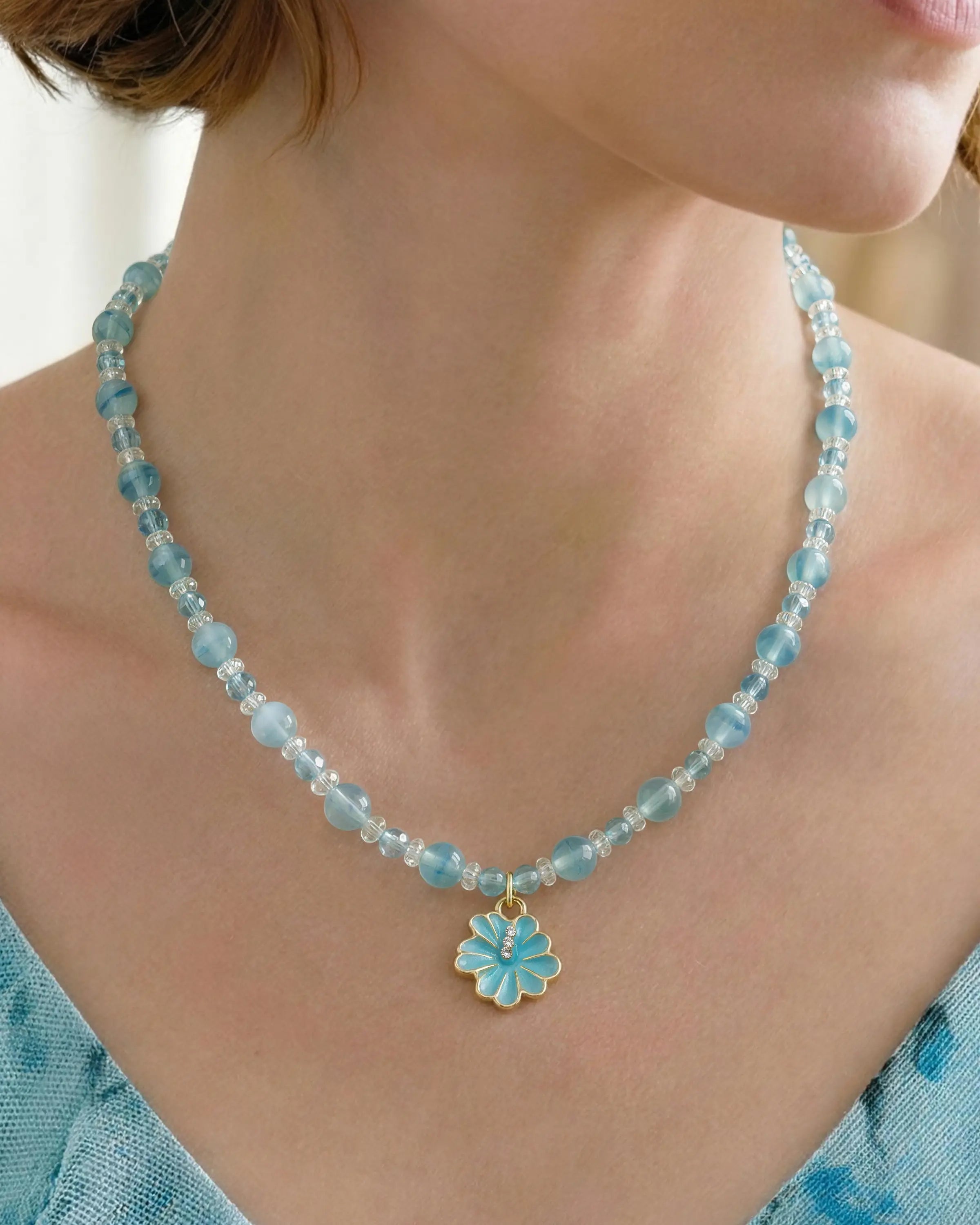 Blue Chalcedony Sakura Silver Necklace & Bracelet Set – Calm & Clarity