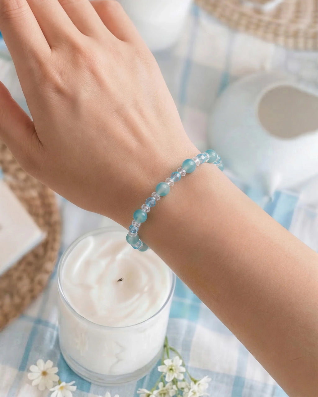 Model Wearing Blue Chalcedony and Clear Quartz Silver Bracelet