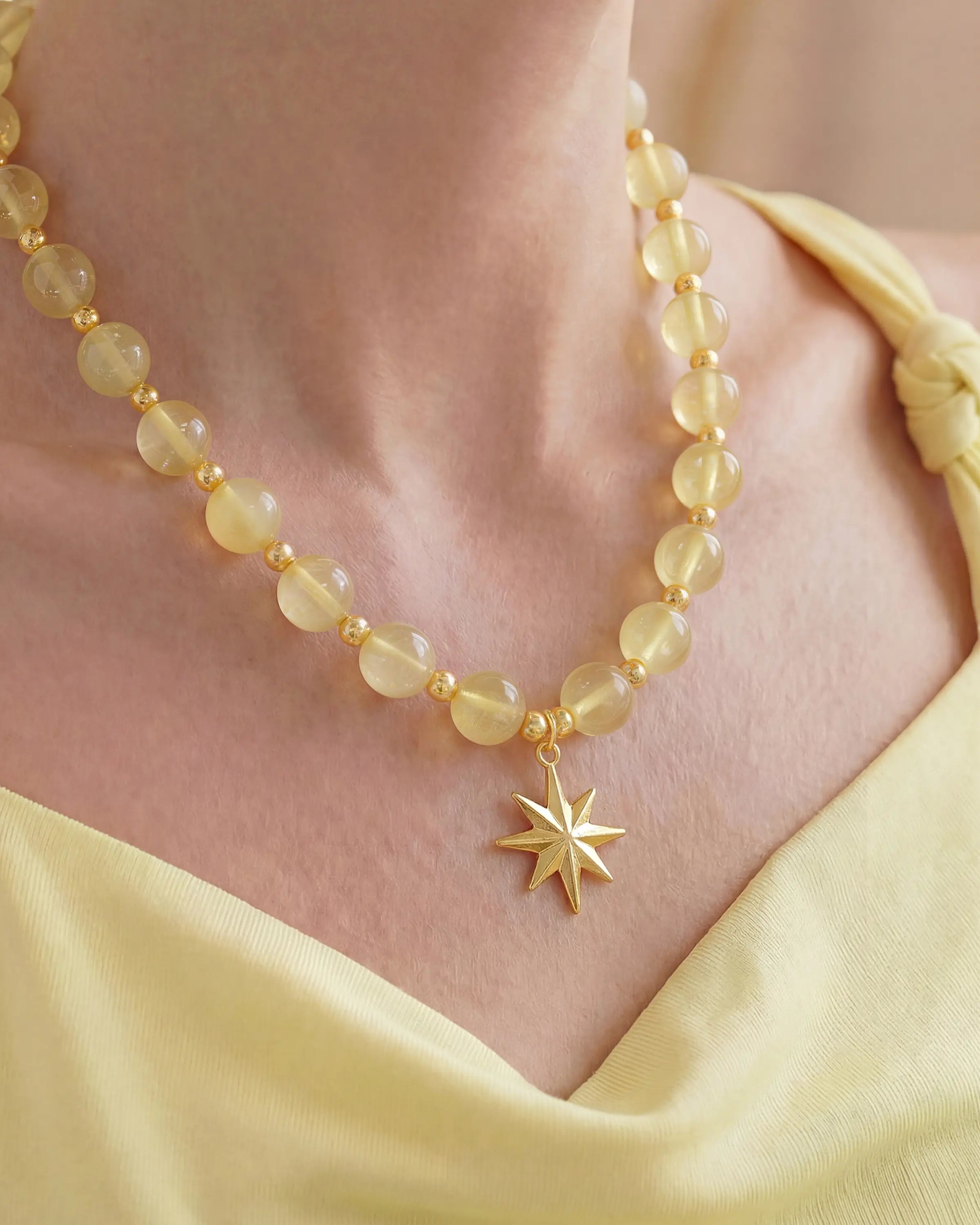 10mm Citrine Beaded Necklace with Sun Pendant
