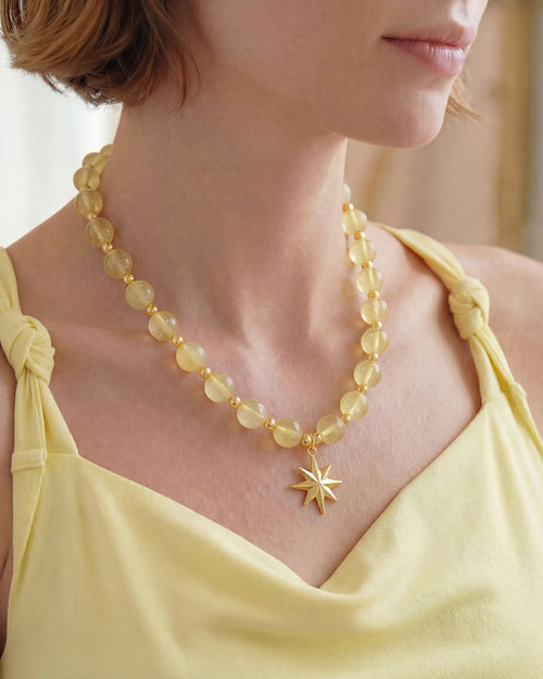 10mm Citrine Beaded Necklace with Sun Pendant