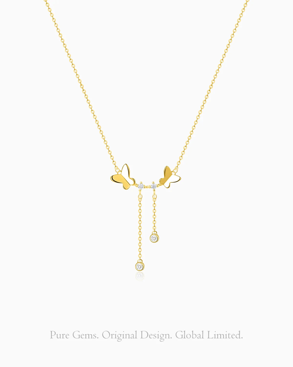 Clear Quartz Double Drop Pendant Necklace with Butterfly Accent