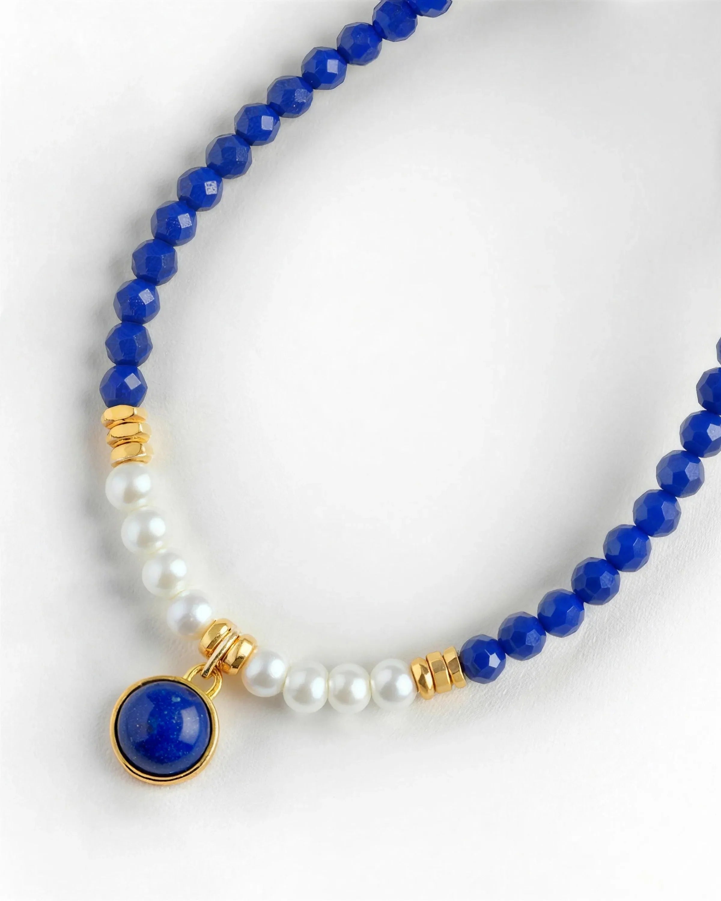 Lapis Pearl bead detail of Gold Beaded Pendant Necklace