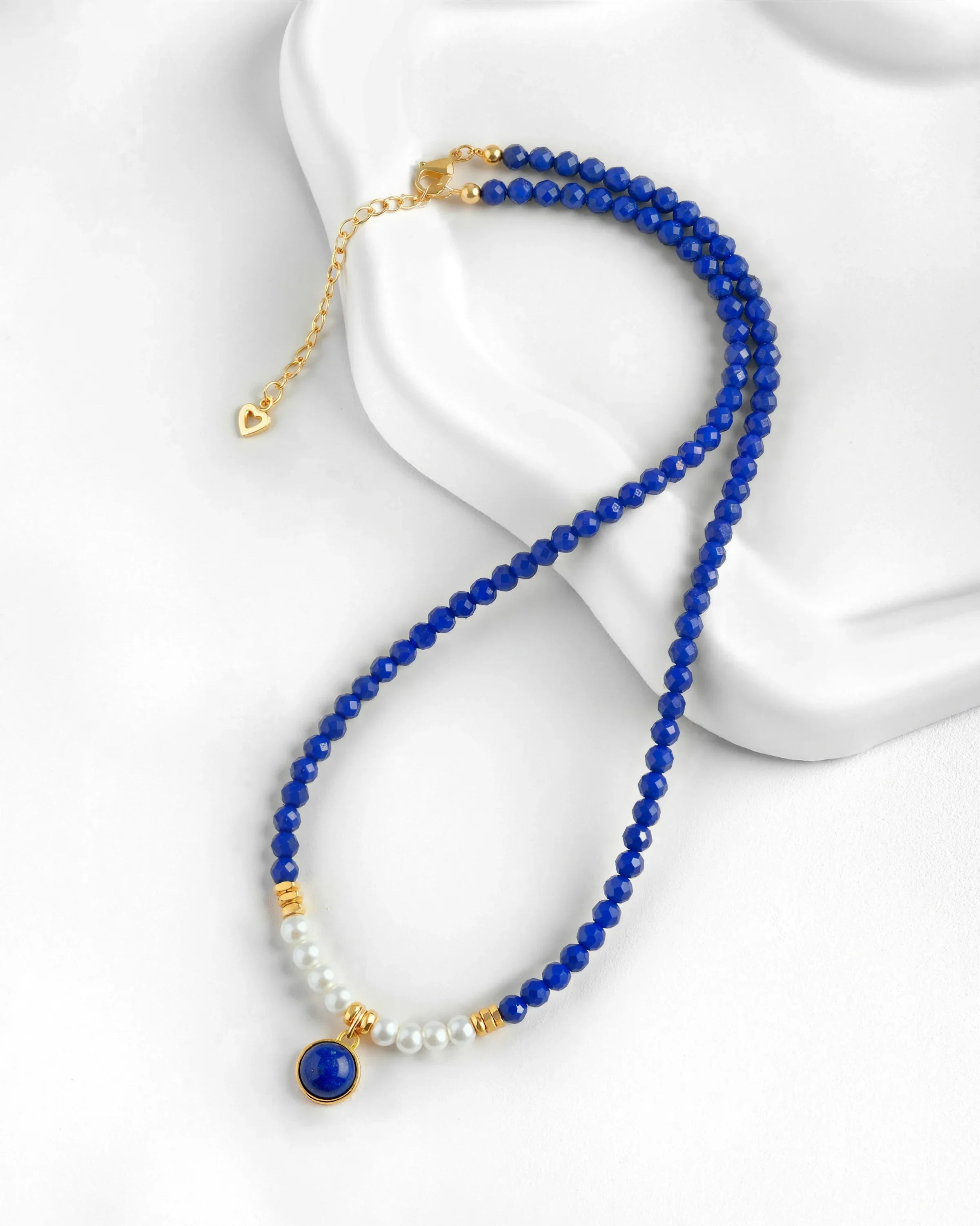 Faceted Lapis and Pearl Gold Beaded Necklace with 12mm Pendant
